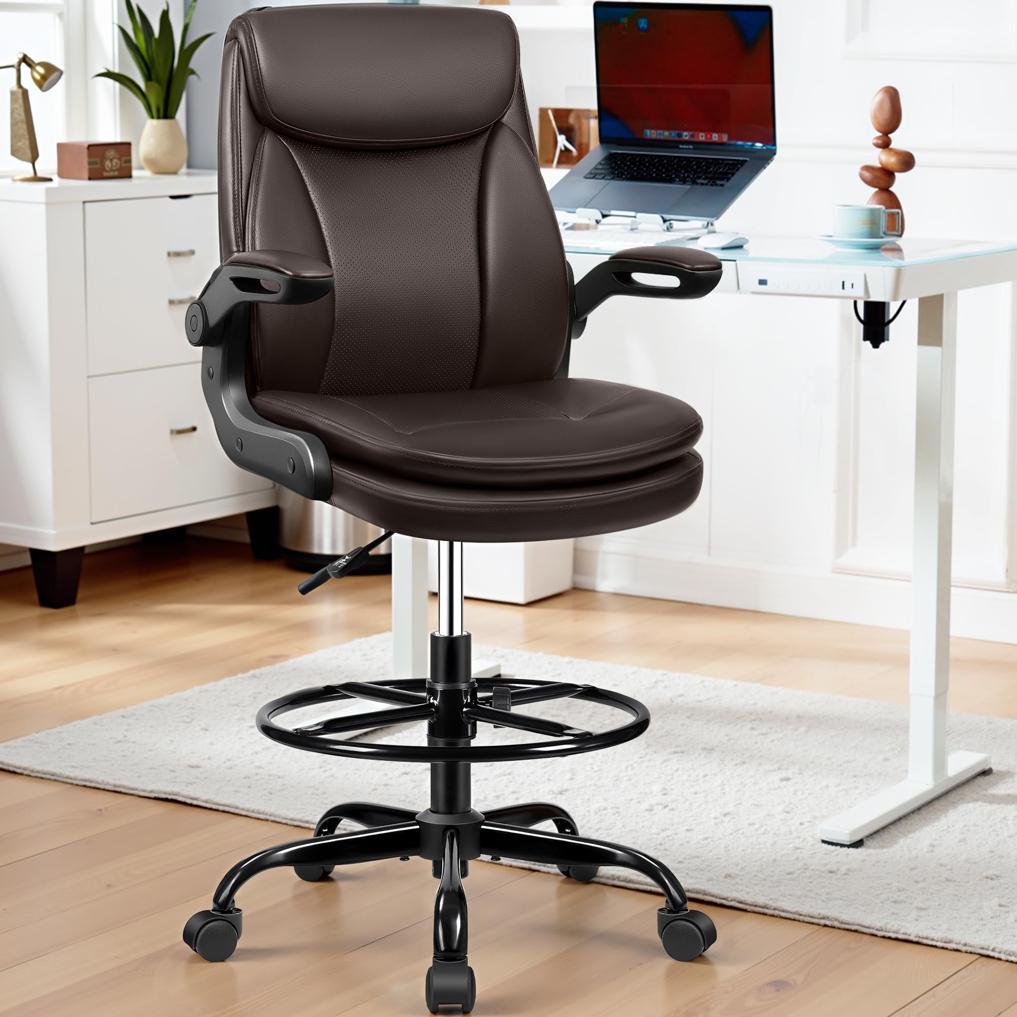 Ergonomic Drafting Chair - Adjustable Height Leather Office Chair with Flip-Up Armrests & Foot Ring - Lumbar Support for Home, Office & Studio - Comfortable Executive Desk Chair (Brown) - Perfect for Architects, Artists & Long Work Sessions