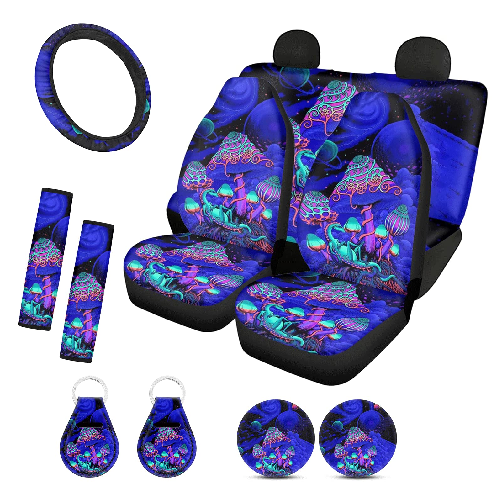 **YSTARDREAM Universal Mushroom Galaxy Car Seat Covers Full Set – Front & Back Seat Protectors, Steering Wheel Cover, Seat Belt Covers, Coasters & Keychains – Perfect for Women & Car Enthusiasts – Great for Road Trips, Daily Commutes & Gift Giving**