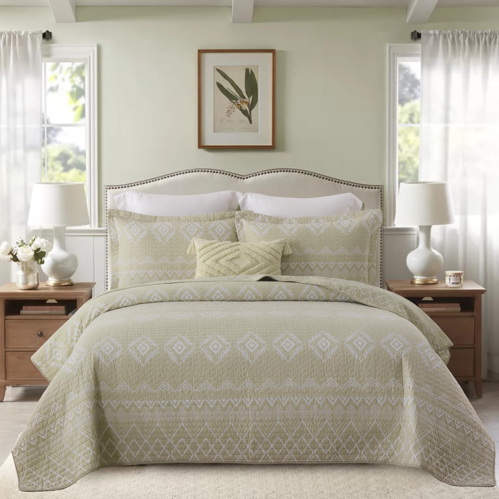 King Size Quilt Set - 100% Cotton Reversible Geometric Striped Comforter | Lightweight All-Season Bedspread for King Bed (Beige/White, 3-Piece) | Perfect for Master Bedroom, Guest Room & Cozy Home Decor