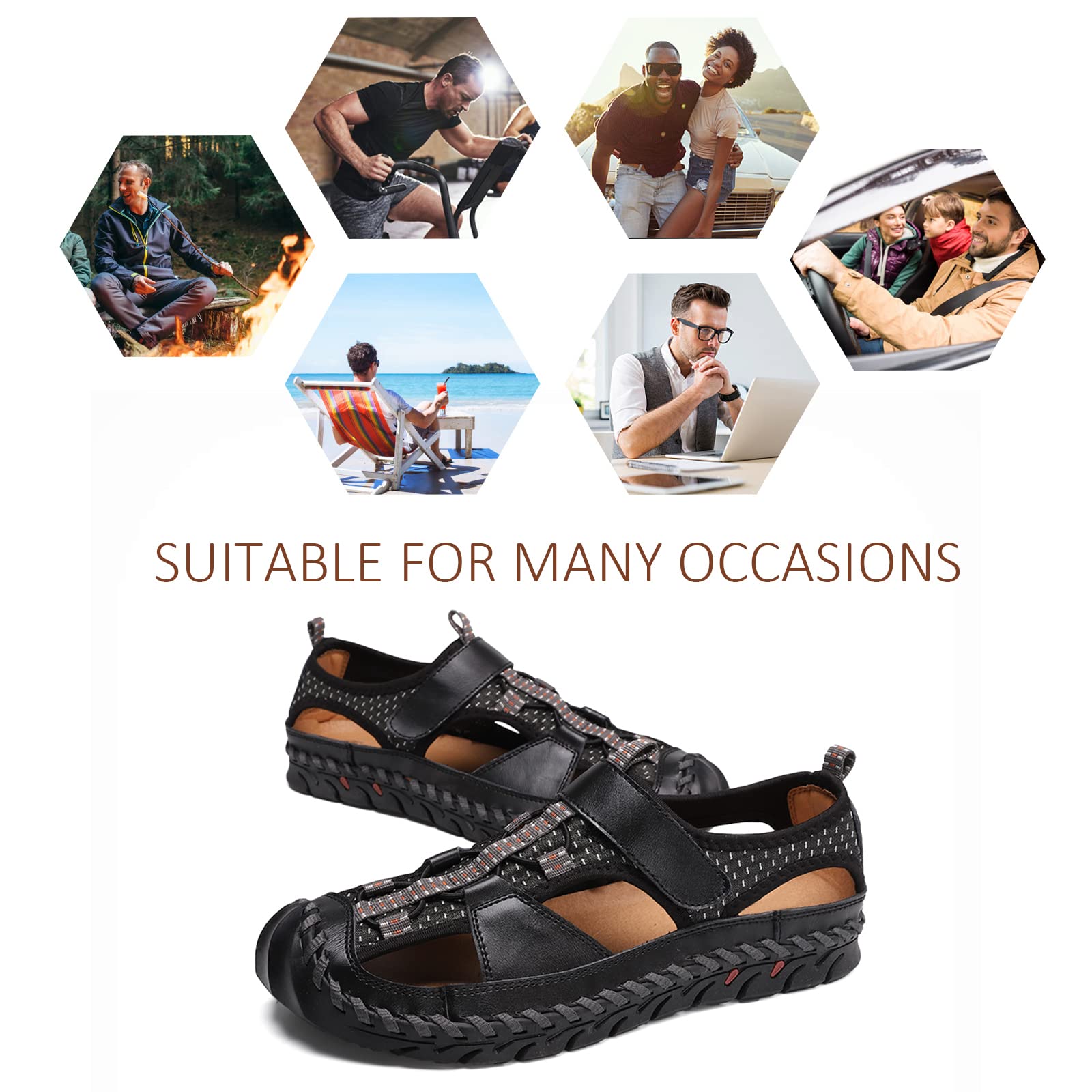 **Men's Leather Fisherman Sandals - Breathable Closed Toe Beach Shoes for Summer | Non-Slip Water Sandals for Outdoor Walking, Hiking & Athletic Slides | Handmade Comfortable Anti-Collision Design**    *(Perfect for beach trips, hiking adventures, casual walks, and water activities!)*