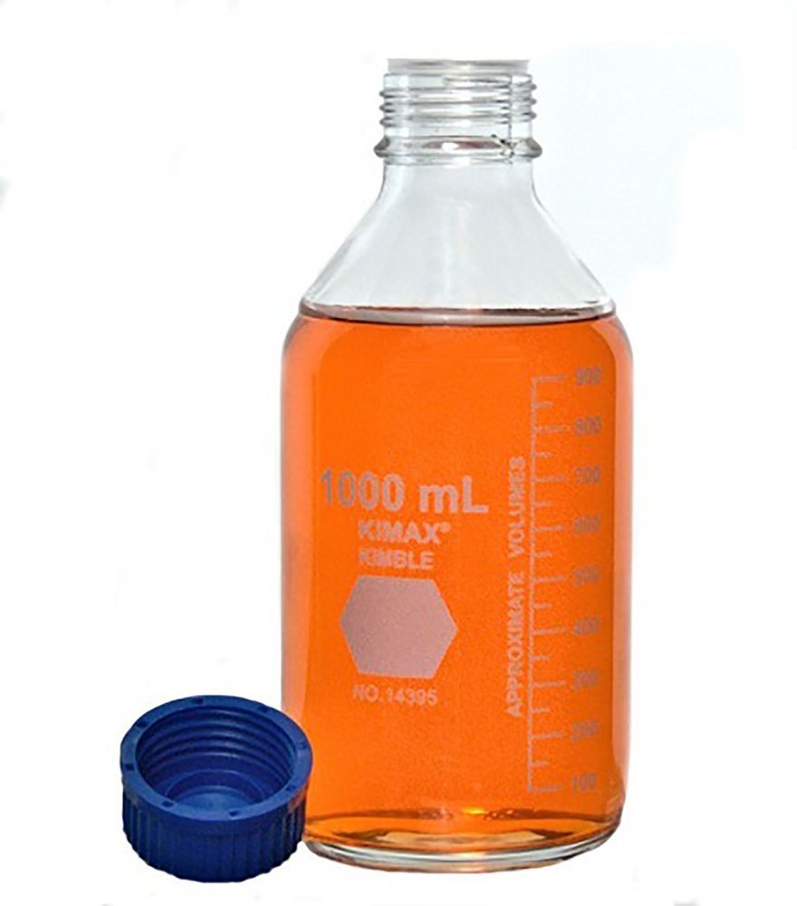 Kimble 14395-2000 Borosilicate Glass GL-45 Media/Storage Bottle with Blue Polypropylene Screw Cap - 2000mL (4-Pack) - Ideal for Laboratory Storage, Chemical Solutions & Media Preparation