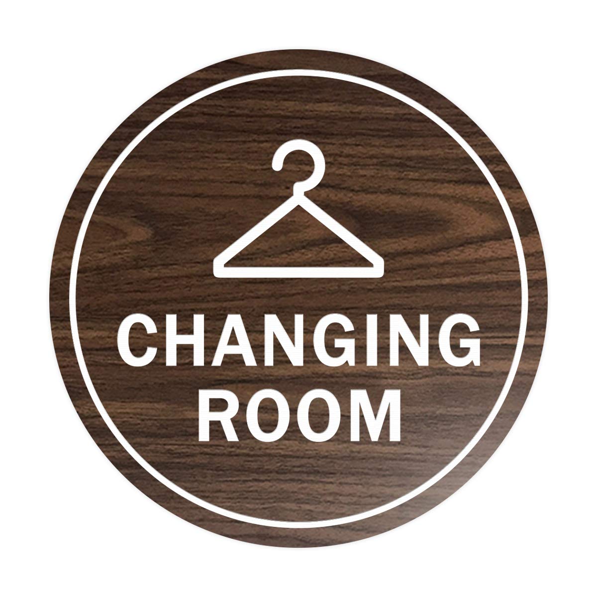 ByLITA Circle Changing Room Sign with Adhesive Tape - Weatherproof Indoor/Outdoor Hanging Sign for Bathroom, Spa, Salon, or Retail Store - Easy Mount on Any Surface - Walnut Finish - Small Size