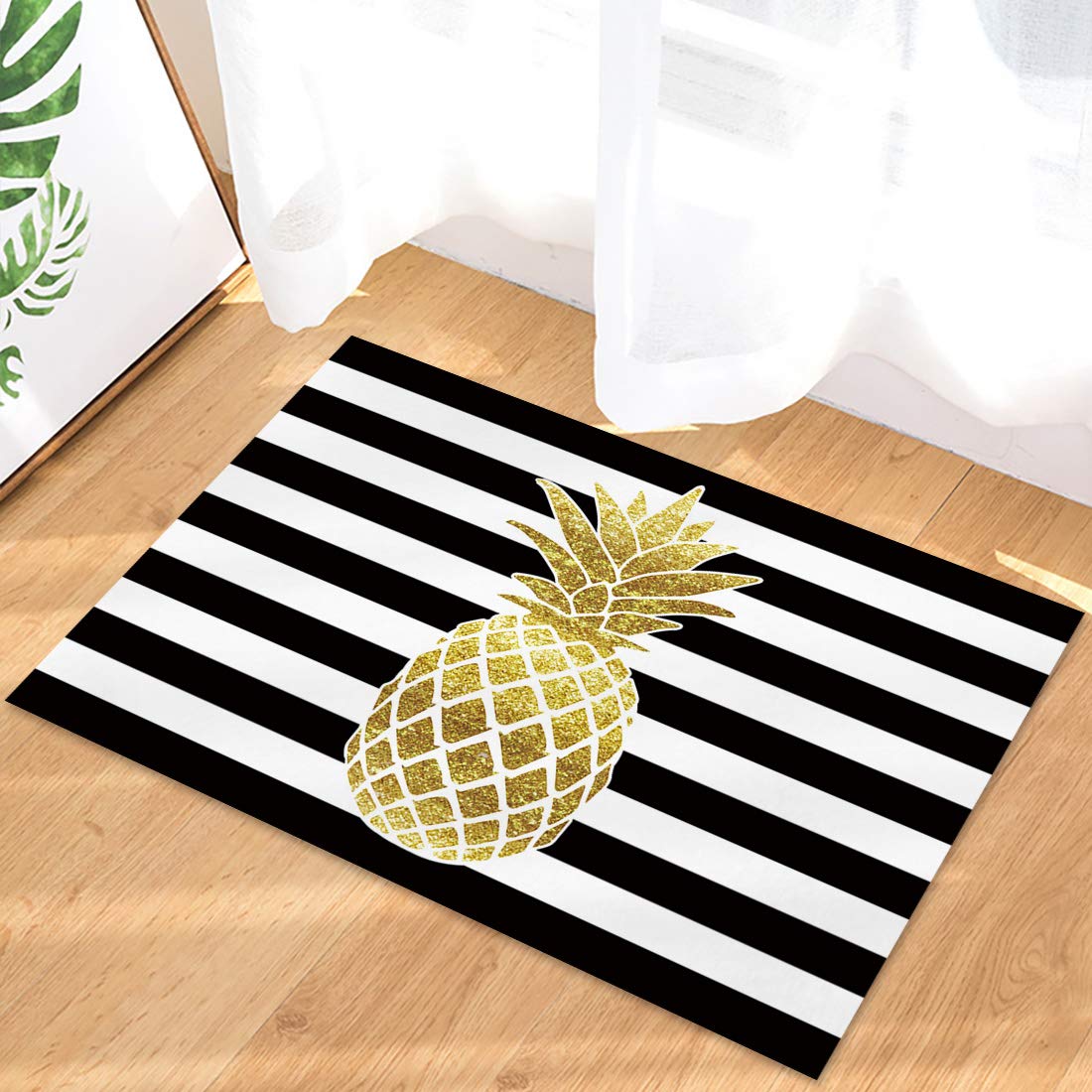 Non-Slip Black Striped Floor Mats 18x30 Inch - Gold Pineapple Design Low Profile Indoor Welcome Mats for Bedroom, Bathroom & Living Room | Home Decor & Safety