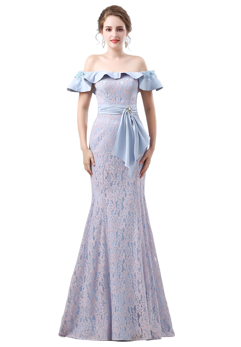 Elegant Pink Lace Mermaid Prom Dress for Women - Off Shoulder Long Evening Gown with Flounce Details | Perfect for Homecoming, Formal Dances, Weddings & Special Occasions