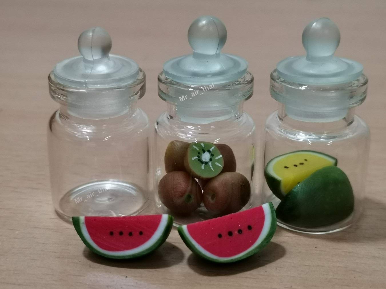 3pc Miniature Fruit & Vegetable Dollhouse Accessories - Kiwi & Watermelon in Clear Glass Bottles - Perfect for Miniature Gardens, Fairy Gardens, and DIY Crafts #MF098