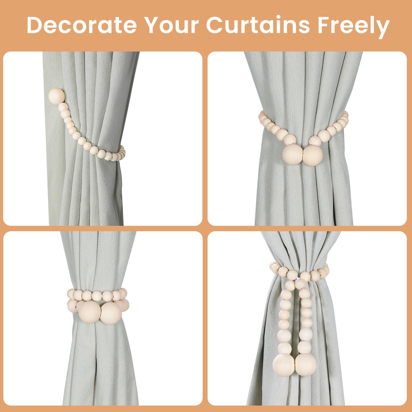 Magnetic Wood Bead Curtain Tiebacks 2 Pack - Boho Farmhouse Decor for Bedroom & Nursery