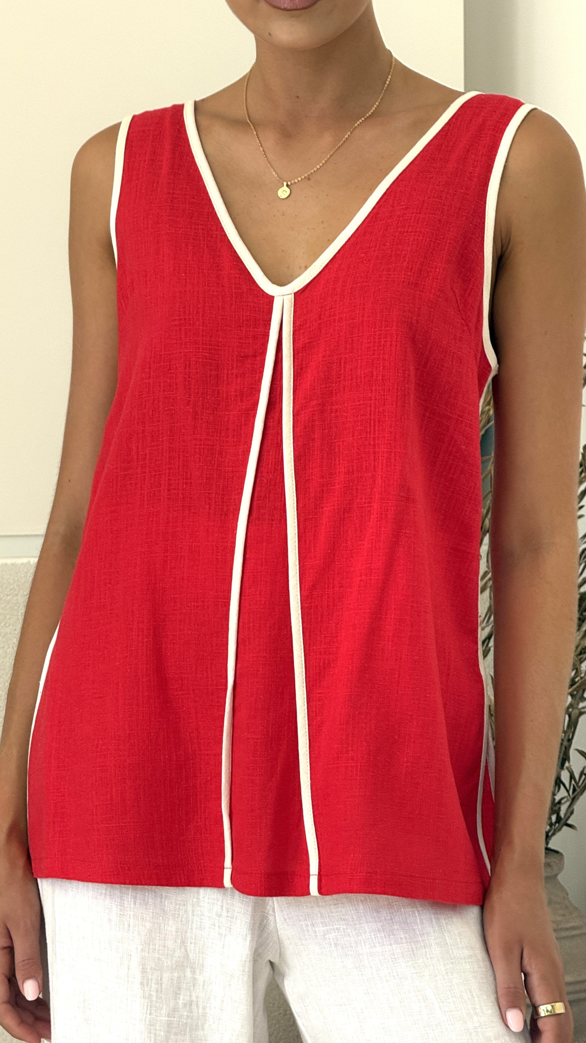 Loren V Neck Sleeveless Women's Top - Red & White Summer Blouse for Casual Wear, Office, and Date Night