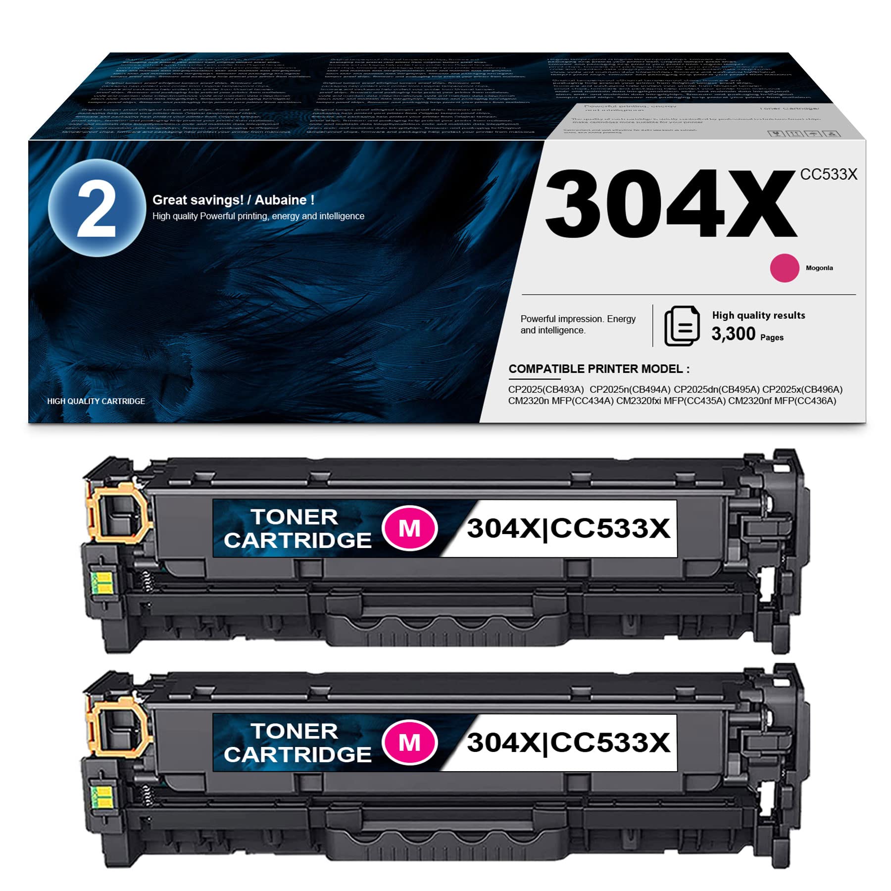 HP 304X CC533X Compatible Toner Cartridge Replacement (2 Pack, Magenta) - Works with CP2025/CP2025n/CP2025dn/CP2025x/CM2320n MFP/CM2320fxi MFP Printers | Ideal for Office Printing & High Volume Documents