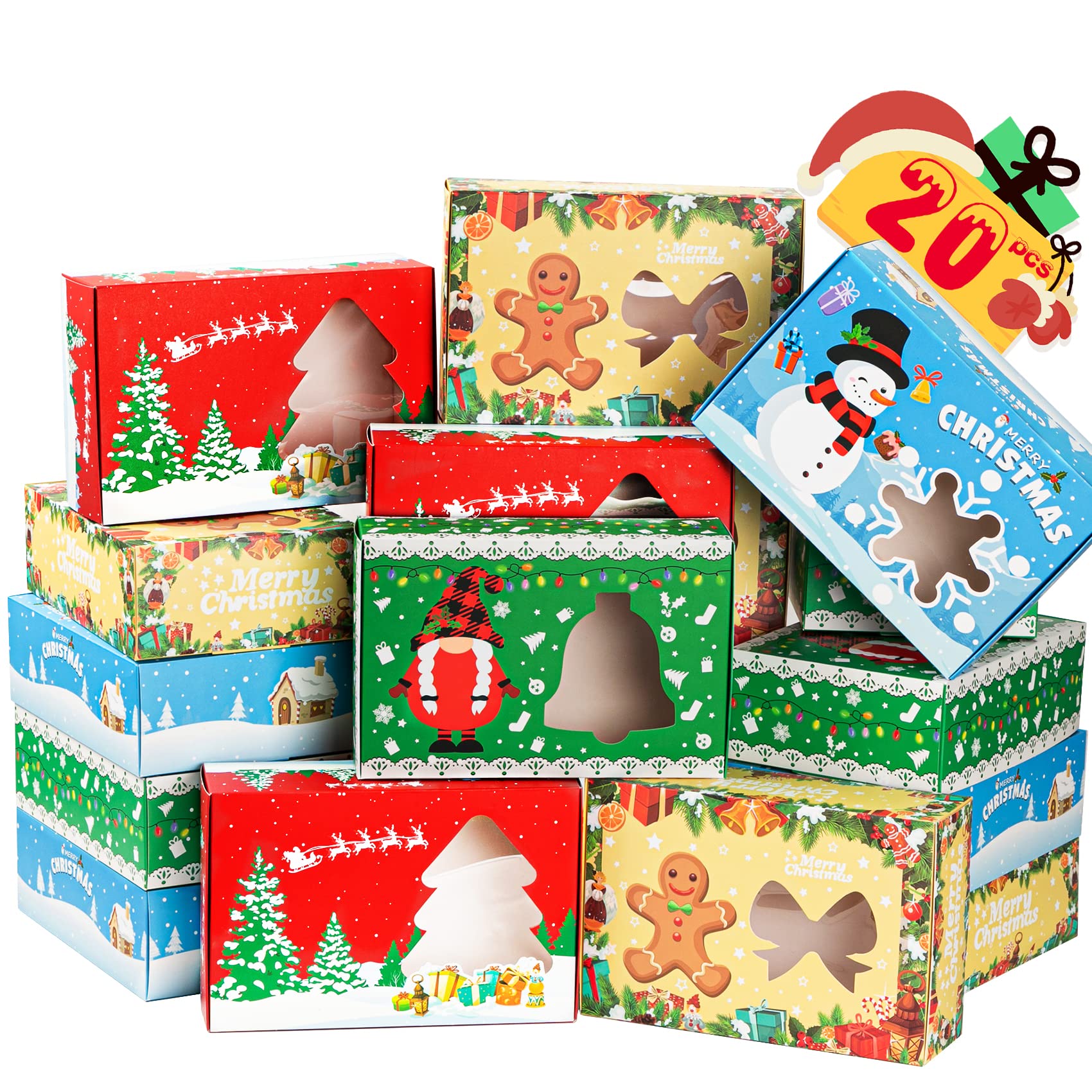 MISS FANTASY Christmas Cookie Gift Boxes 20 Pack - Frosted Holiday Treat Containers with Window for Cookie Exchange, Candy, Baking - Perfect for Holiday Parties, Office Gifts & Christmas Treat Sharing