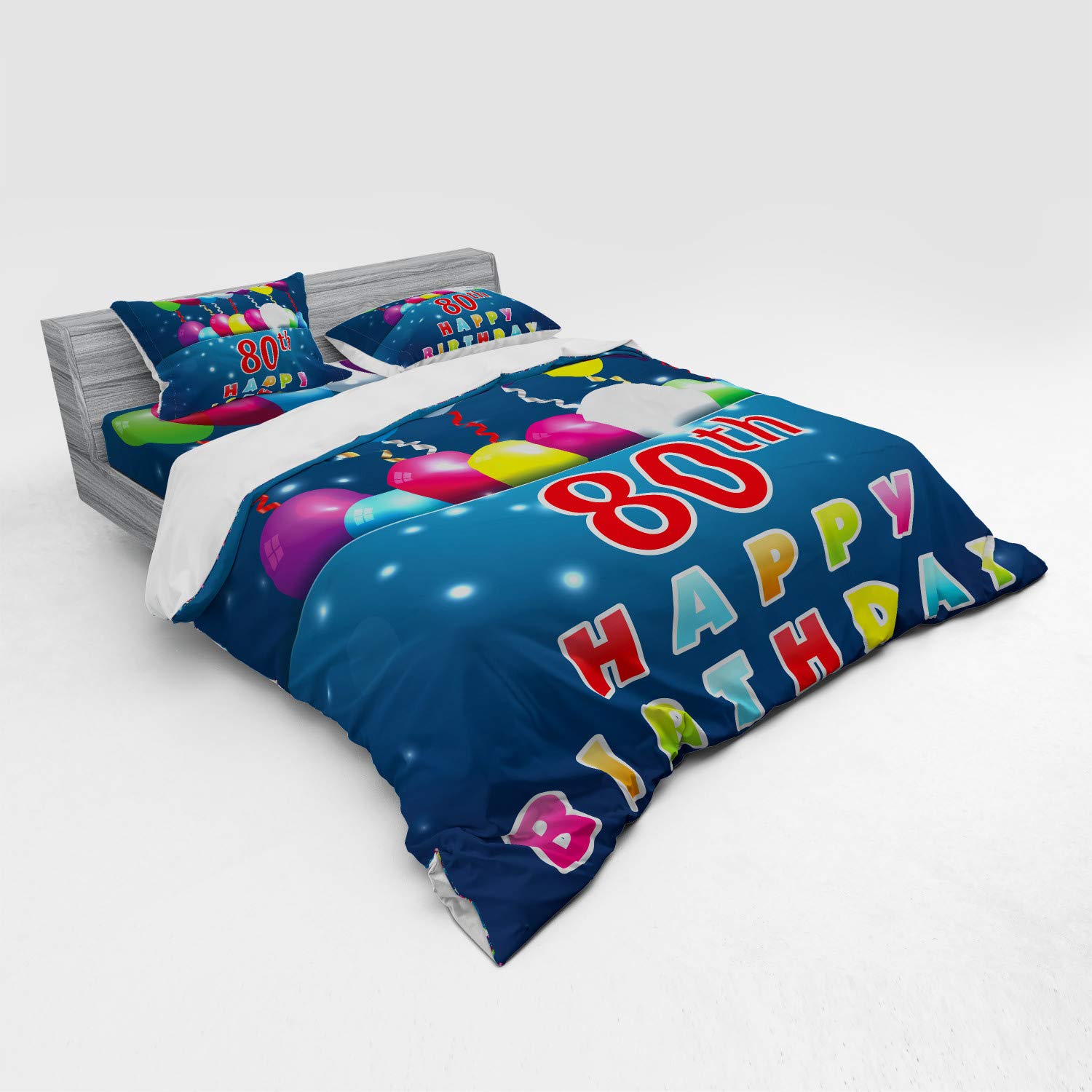 Ambesonne 80th Birthday Bedding Set - King Size 4-Piece Duvet Cover with Shams & Fitted Sheet - Happy Birthday Text with Colorful Balloons on Blue Background - Perfect for Birthday Parties, Gift Giving & Special Occasions