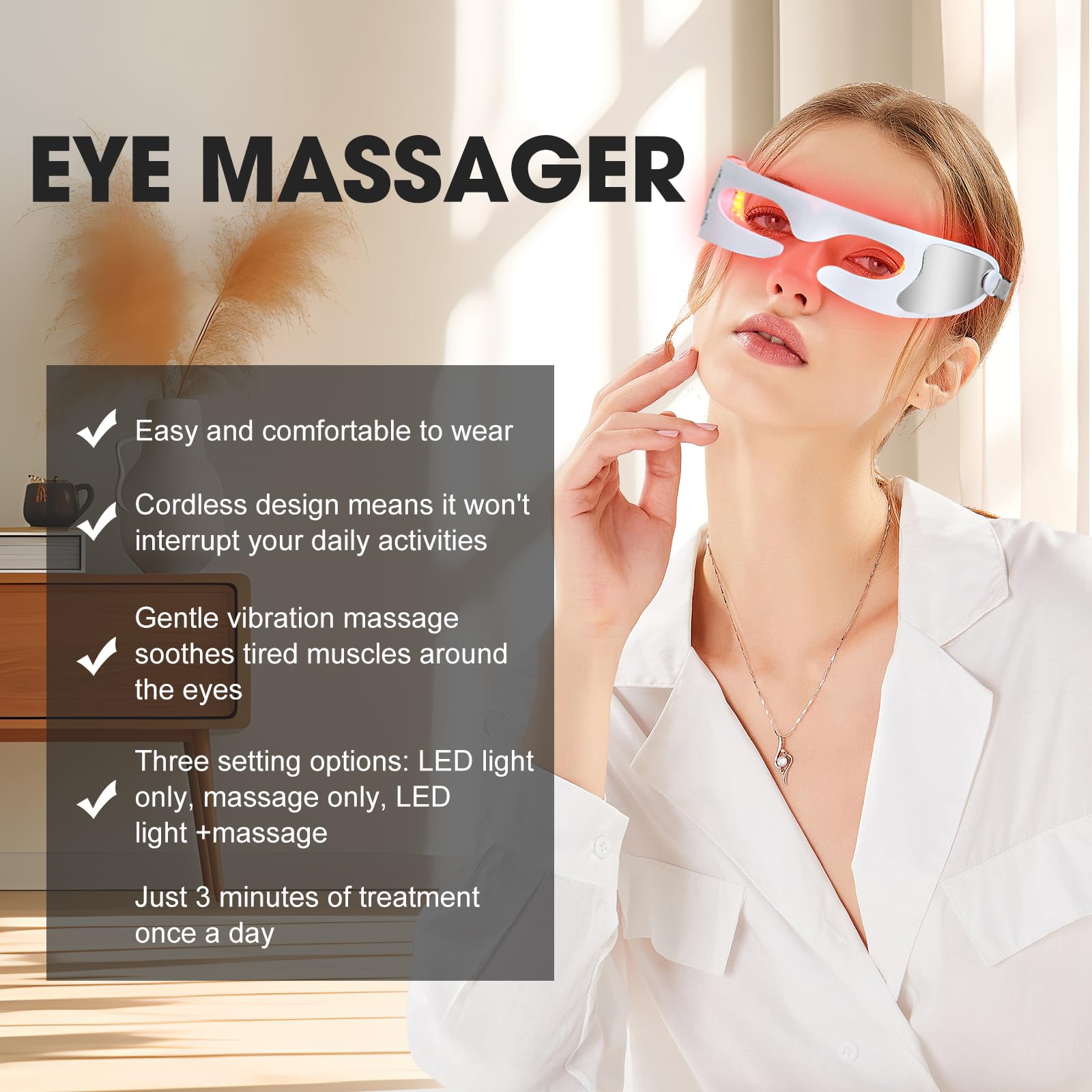 LED Red Light Therapy Eye Mask - 3 Modes with Multi-Frequency Vibration & 5-Level Dual Light Adjustment | Anti-Aging, Skin Rejuvenation & Wrinkle Reduction | Perfect for Home Spa, Relaxation & Beauty Routine