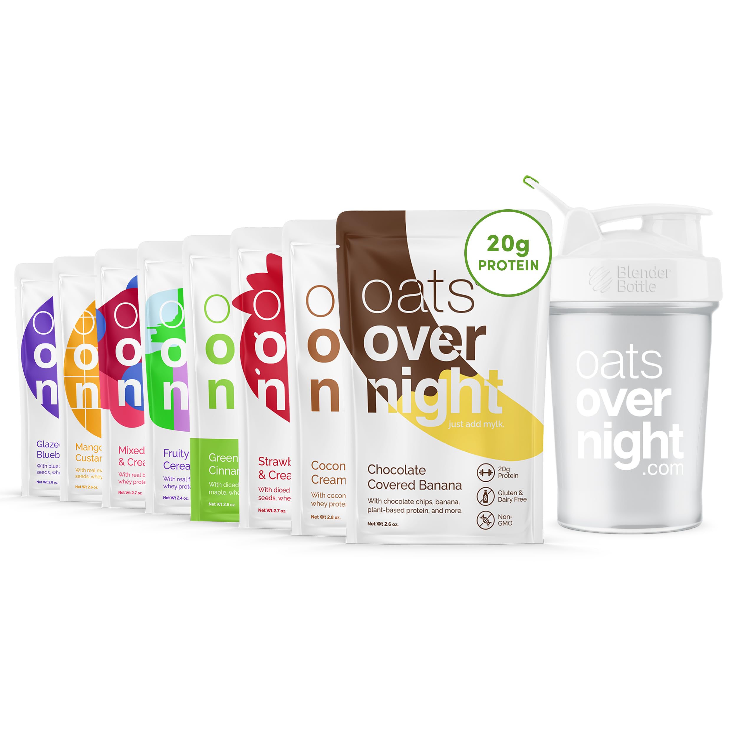 Oats Overnight Fruit Variety Pack - High Protein & Fiber Breakfast Shake | Gluten Free, Non-GMO Protein Oatmeal with Fruity Cereal & Chocolate Banana Flavors (8 Pack + BlenderBottle) | Perfect for Quick Breakfast, Post-Workout & On-the-Go Nutrition