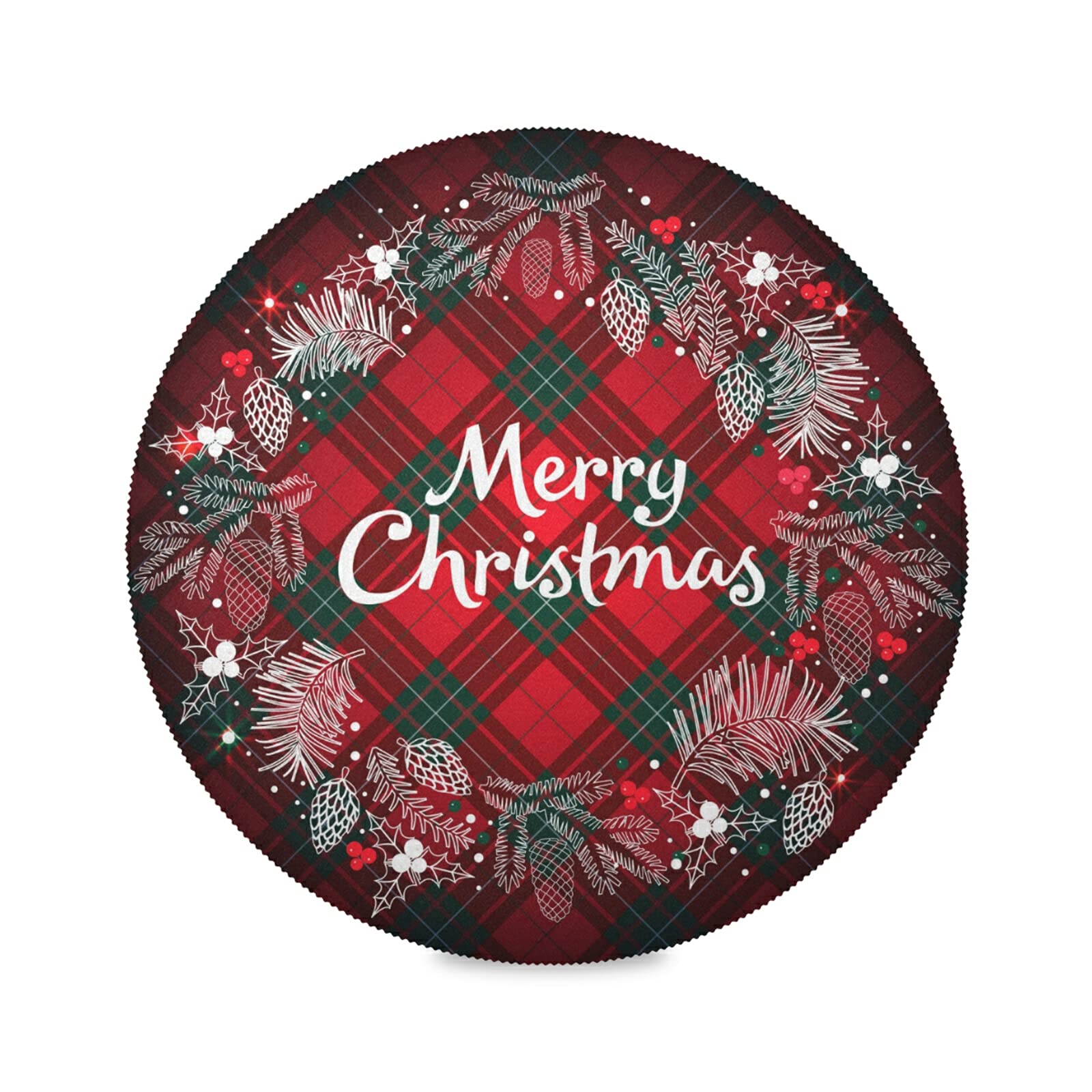 Kcldeci Christmas Round Placemats Set of 4 - 15 Inch Buffalo Check Plaid Wreath Design, Heat Resistant & Easy Care Holiday Dining Table Mats for Christmas Dinner, Party Decor & Festive Home Decor