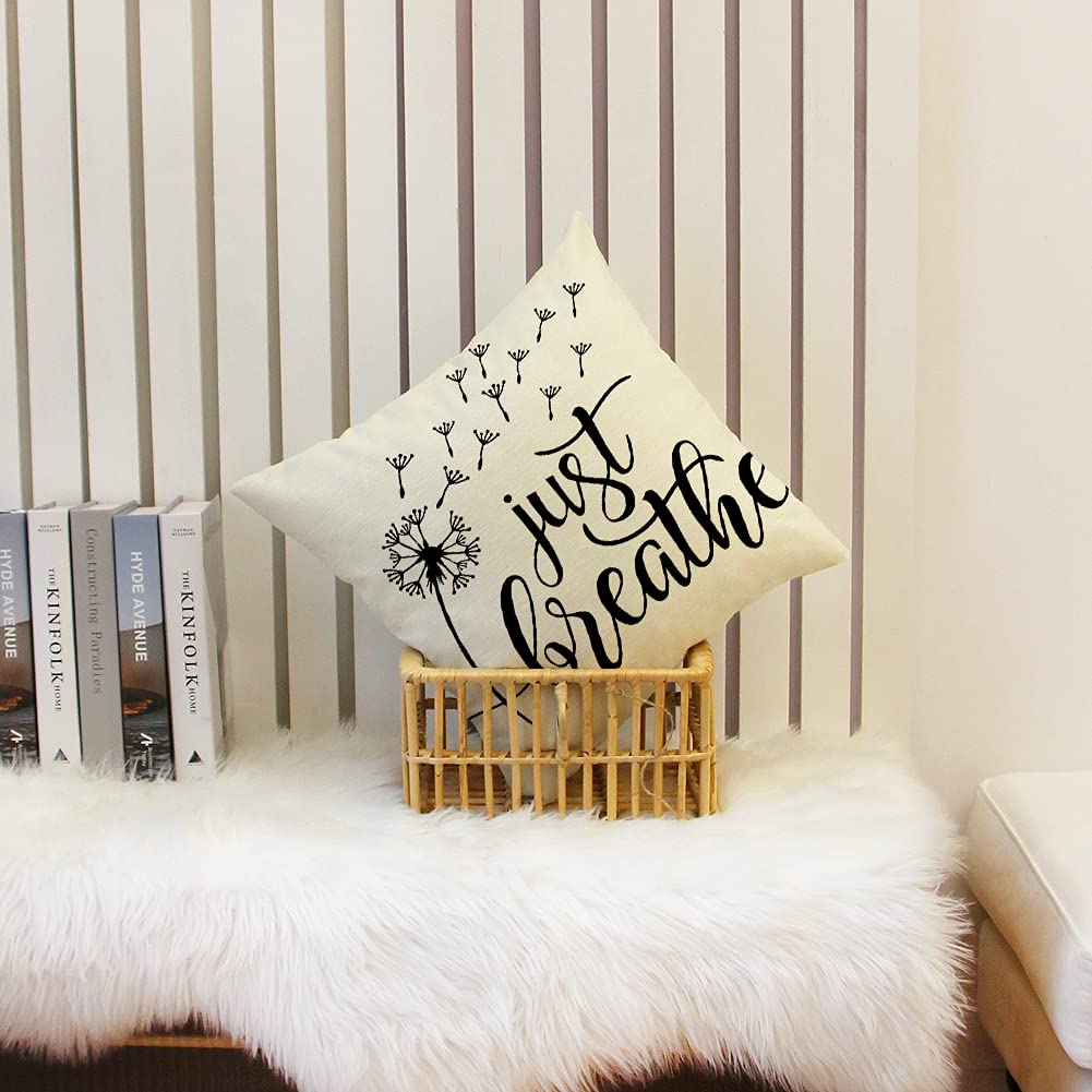 Farmhouse Pillow Covers 18x18 Inch - Rustic Home Decor with 'Just Breathe' Quote - Cozy Living Room Throw Pillow Cases for Sofa, Bedroom & Housewarming Gifts
