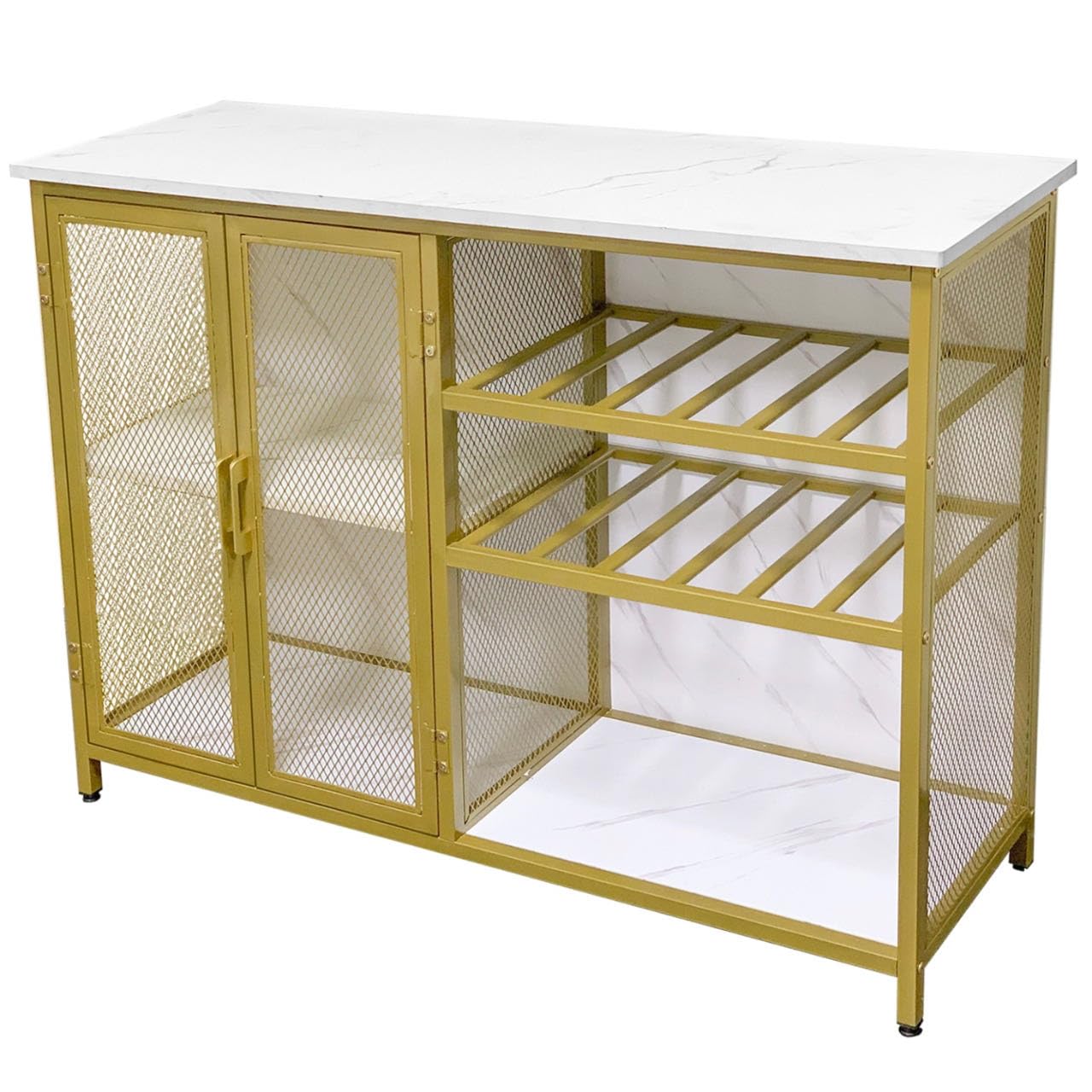 AT-VALY Bar Cabinet with Wine Rack & Glass Holder - Small Buffet Sideboard with Mesh Doors, Gold Finish - Perfect for Home Bar, Dining Room & Kitchen Storage