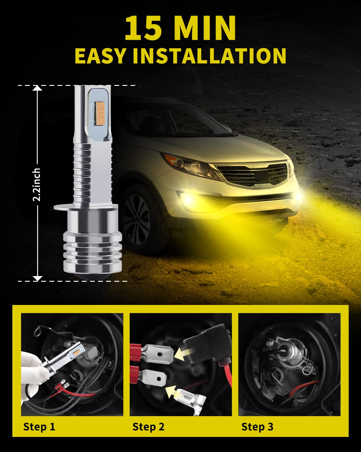 Super Bright H1 LED Bulb Golden Yellow - 3570 CSP-Chips LED Fog Lights & DRL Replacement (Pack of 2) - Perfect for Off-Road, Night Driving & Extreme Weather Conditions
