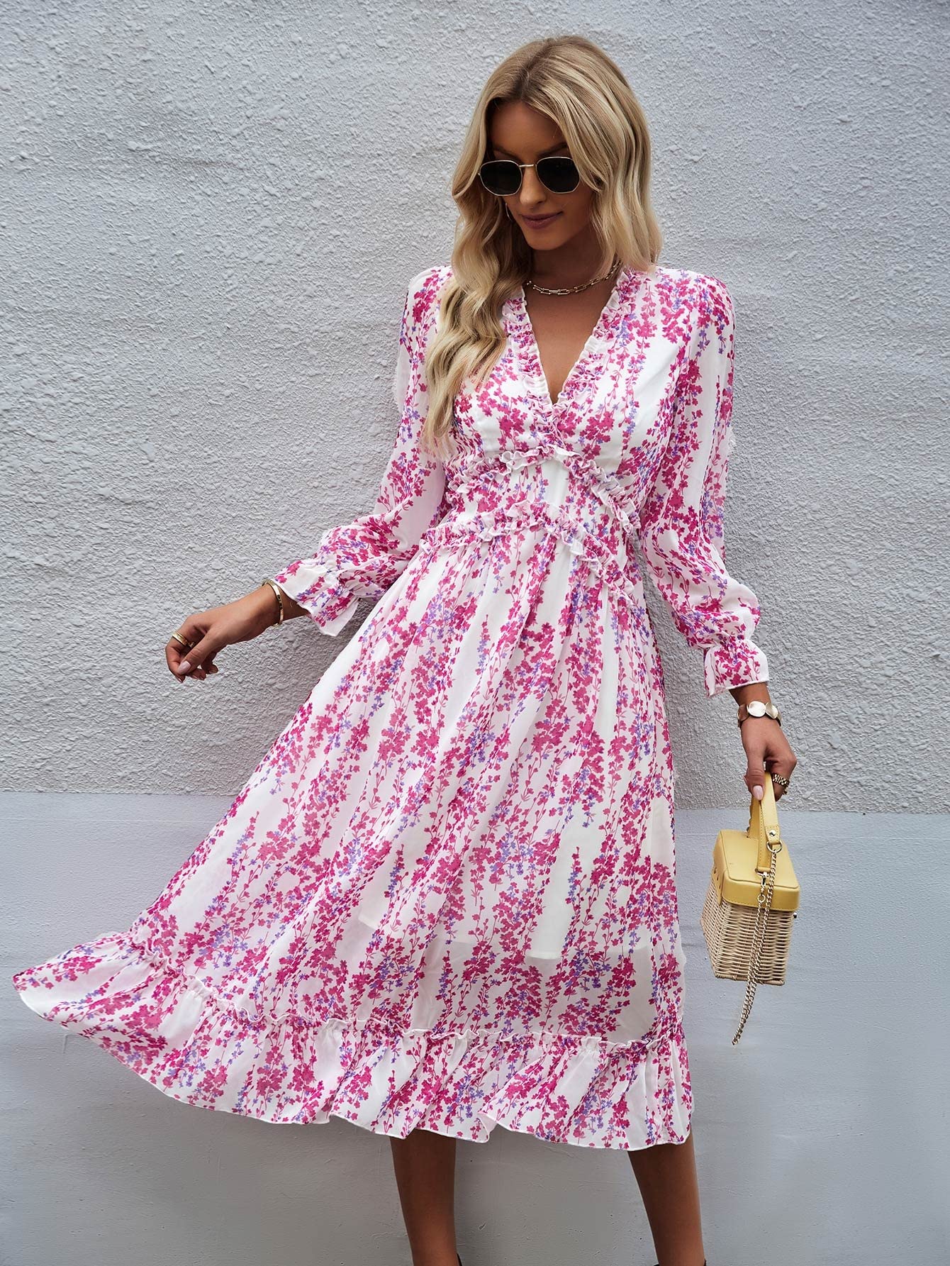 Floral Ruffle Hem Long Sleeve Midi Dress for Women - Summer Party & Club Wear, Beach Vacation, Date Night, and Casual Outings