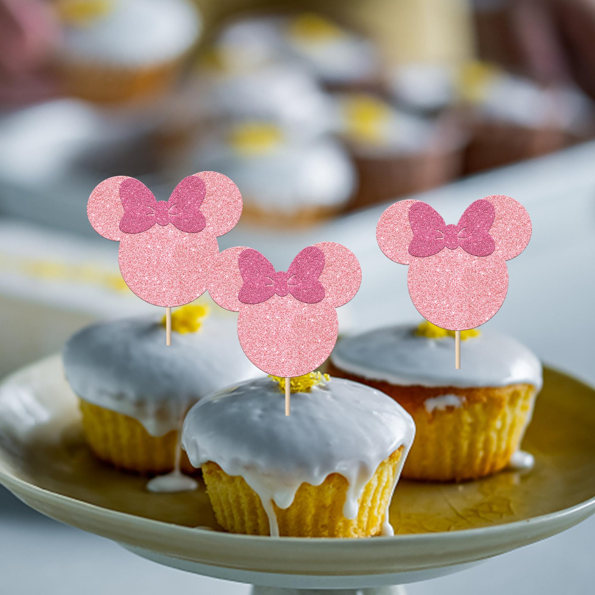 36 Pack Glitter Mouse Cupcake Toppers with Pink Bows - Baby Shower, Wedding & Kids Birthday Party Cake Decorations | Adorable Pink Mouse Picks for Dessert Table, Cupcake Display & Celebration Cakes