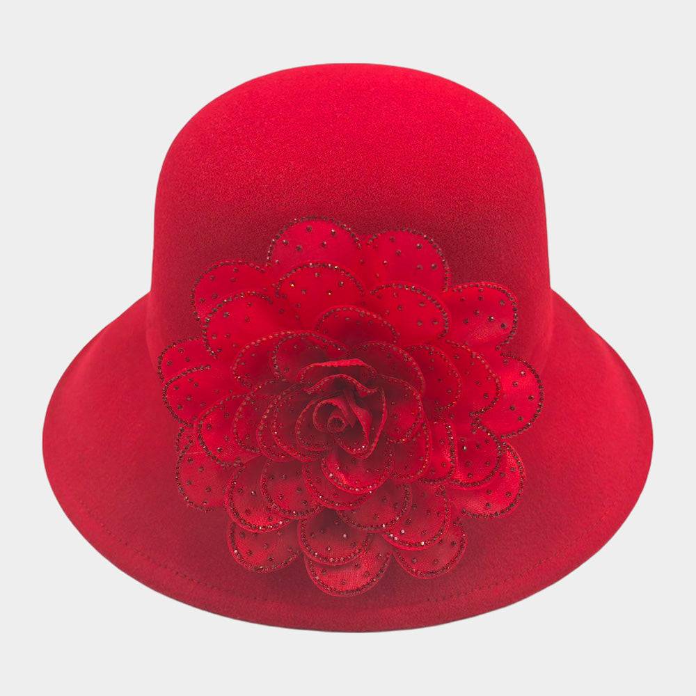 Red Rhinestone Studded Floral Felt Bucket Hat for Women - Stylish Sun Hat for Outdoor, Beach, Music Festivals & Summer Fashion