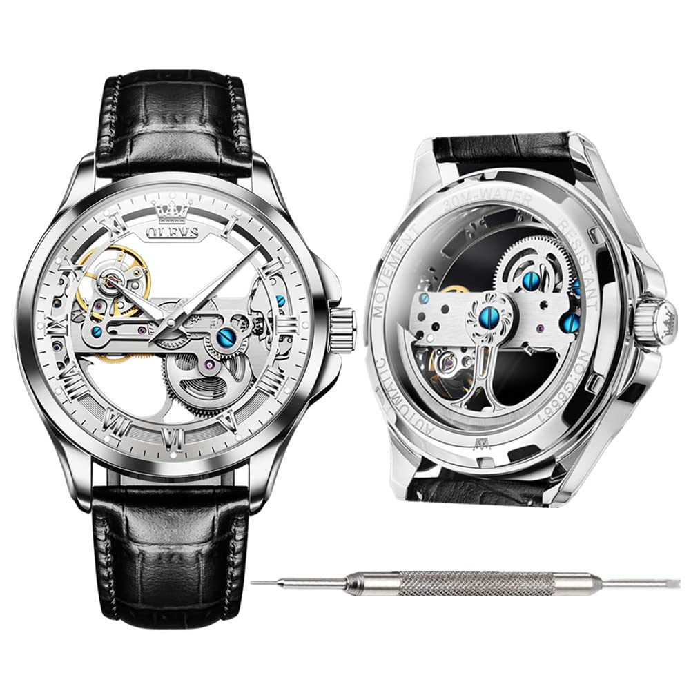 OLEVS Men's Automatic Self-Winding Leather Watch - Fashionable Waterproof Chronograph Wristwatch for Young Men | Perfect for Business, Casual Wear & Special Occasions