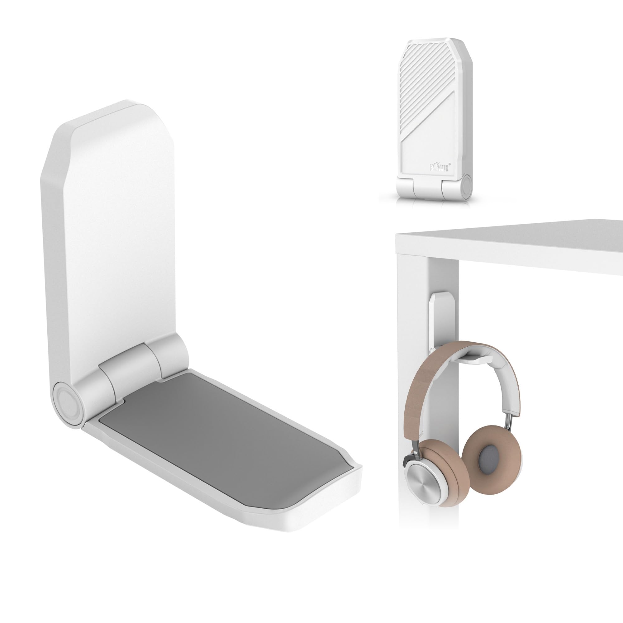 KIWIFOTOS Adhesive Desk Headphone Hanger - Foldable Under Desk Hook Mount for Gaming Headsets & PC Accessories - Wall Mountable Headset Holder Stand (White) - Perfect for Home Office, Gaming Setup & Workspace Organization