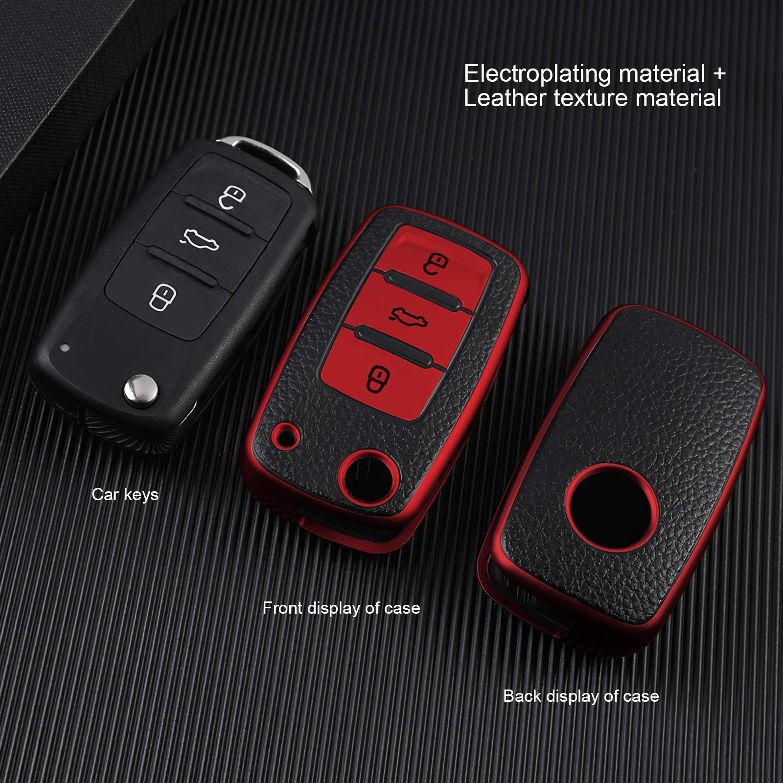 OATSBASF Genuine Leather Car Key Cover for VW Golf, Polo, Passat, Skoda, Seat - 3 Button Remote Key Fob Protector (Red) - Premium Key Case for Vehicle Protection & Style Enhancement