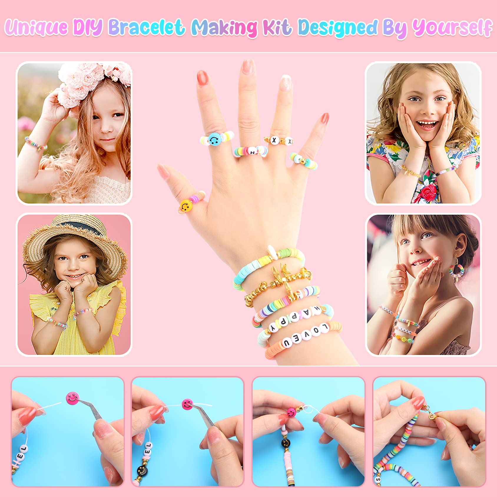**Best Birthday Gift for Girls Ages 4-12: DIY Bracelet Making Kit with Clay Beads – Creative Arts & Crafts Jewelry Set for Kids, Fun Activity for Parties & Playdates**