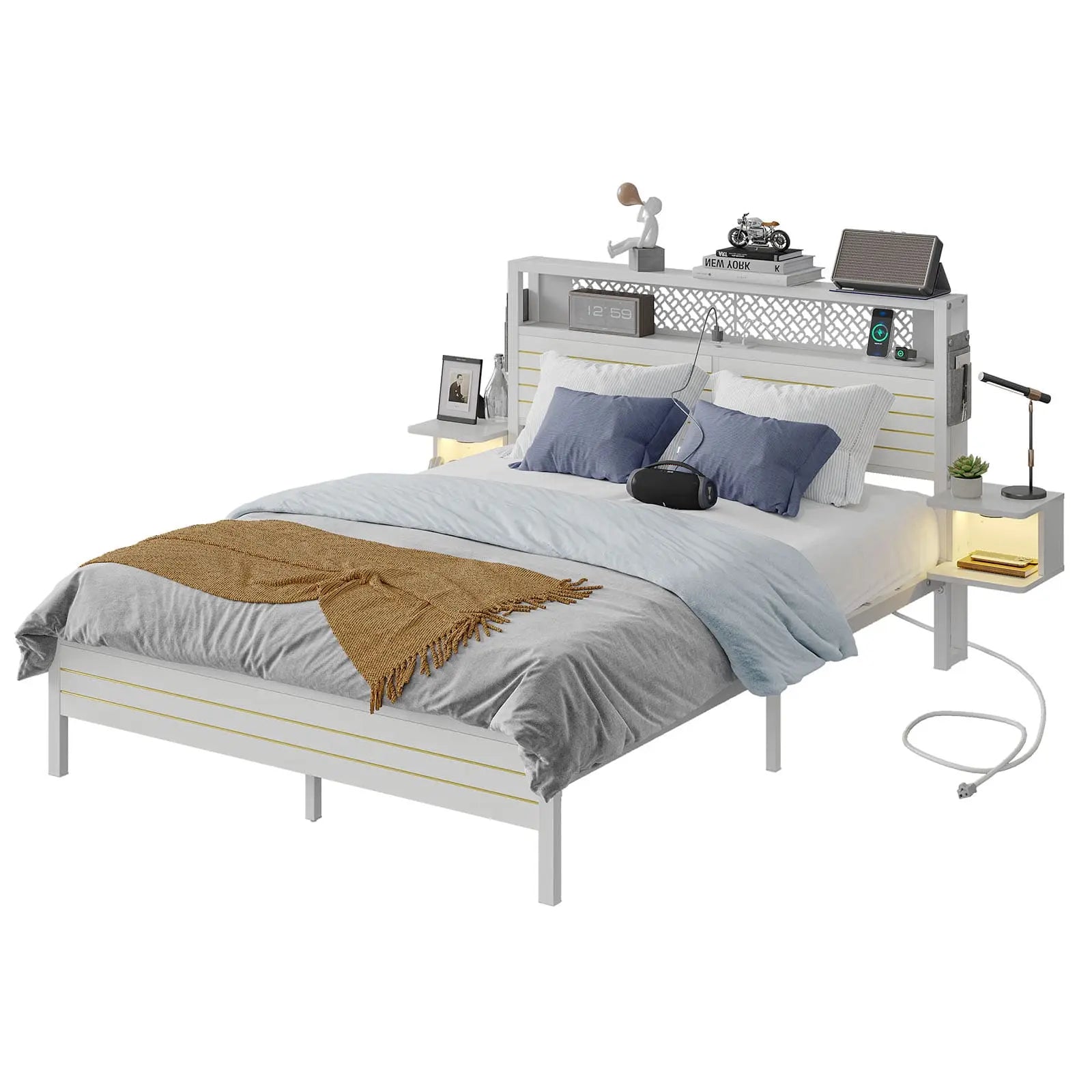 Bestier Queen Bed Frame with Horizontal Golden Stripe Storage Headboard - Modern Platform Bed with Underbed Storage - Perfect for Small Bedrooms, Guest Rooms & Apartments