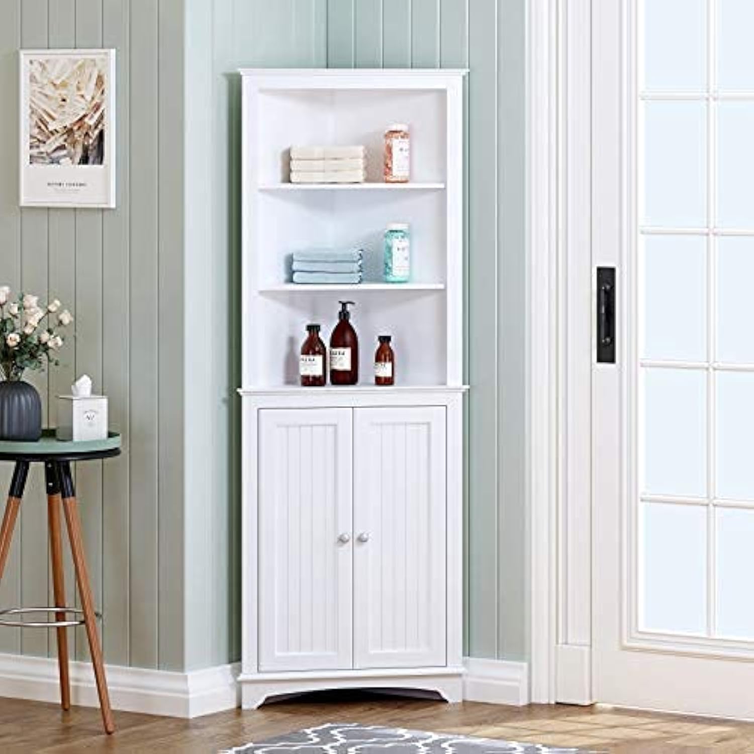 Spirich Tall Corner Cabinet with Doors and Shelves - Freestanding Storage Unit for Bathroom, Kitchen & Living Room - White - Perfect for Small Space Organization & Home Decor