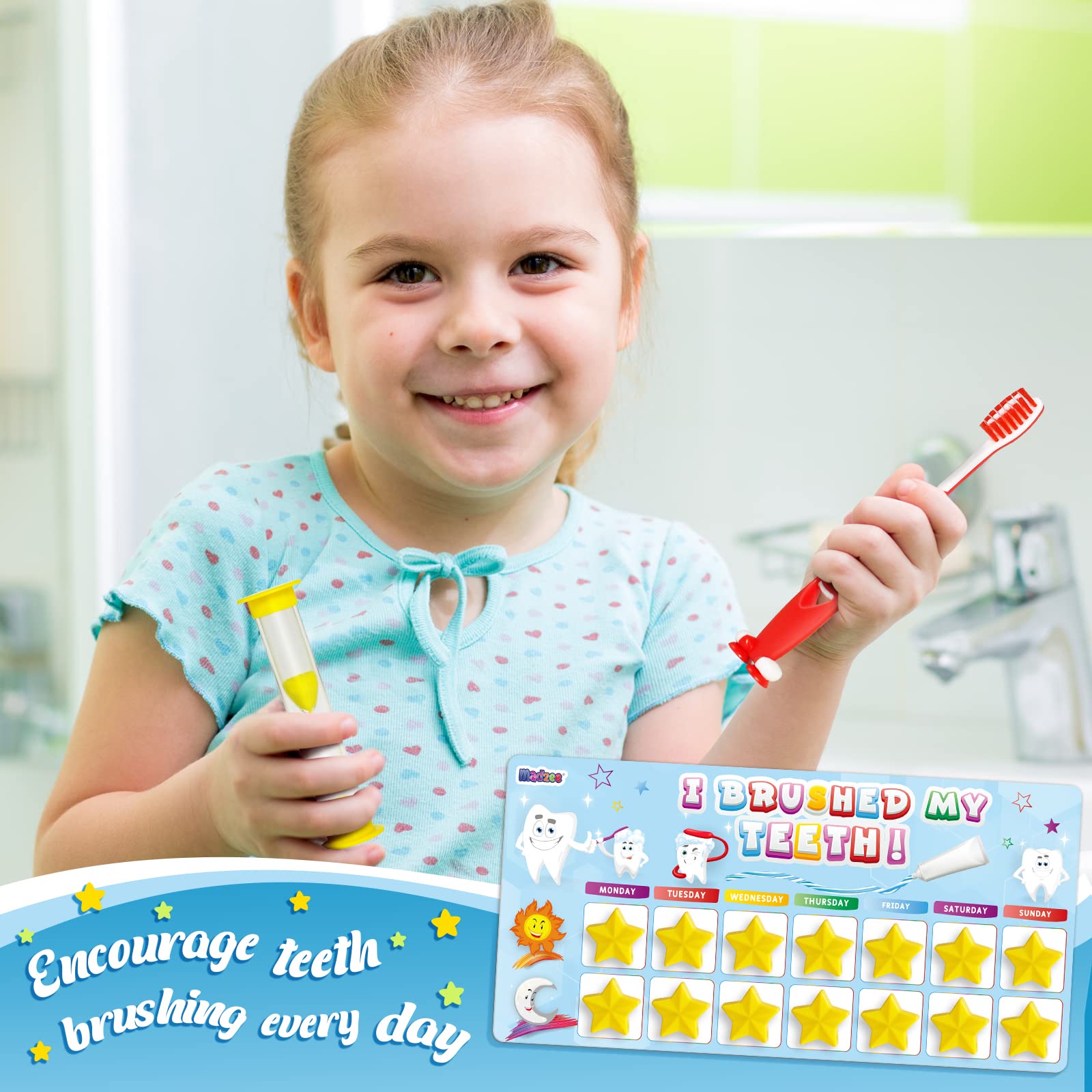 **Madzee Kids Toothbrush Set with Reward Chart & Sand Timer - 2 Soft Bristle Toothbrushes for Ages 3+ | Fun & Effective Brushing for Healthy Teeth | Perfect for Morning & Bedtime Routines**
