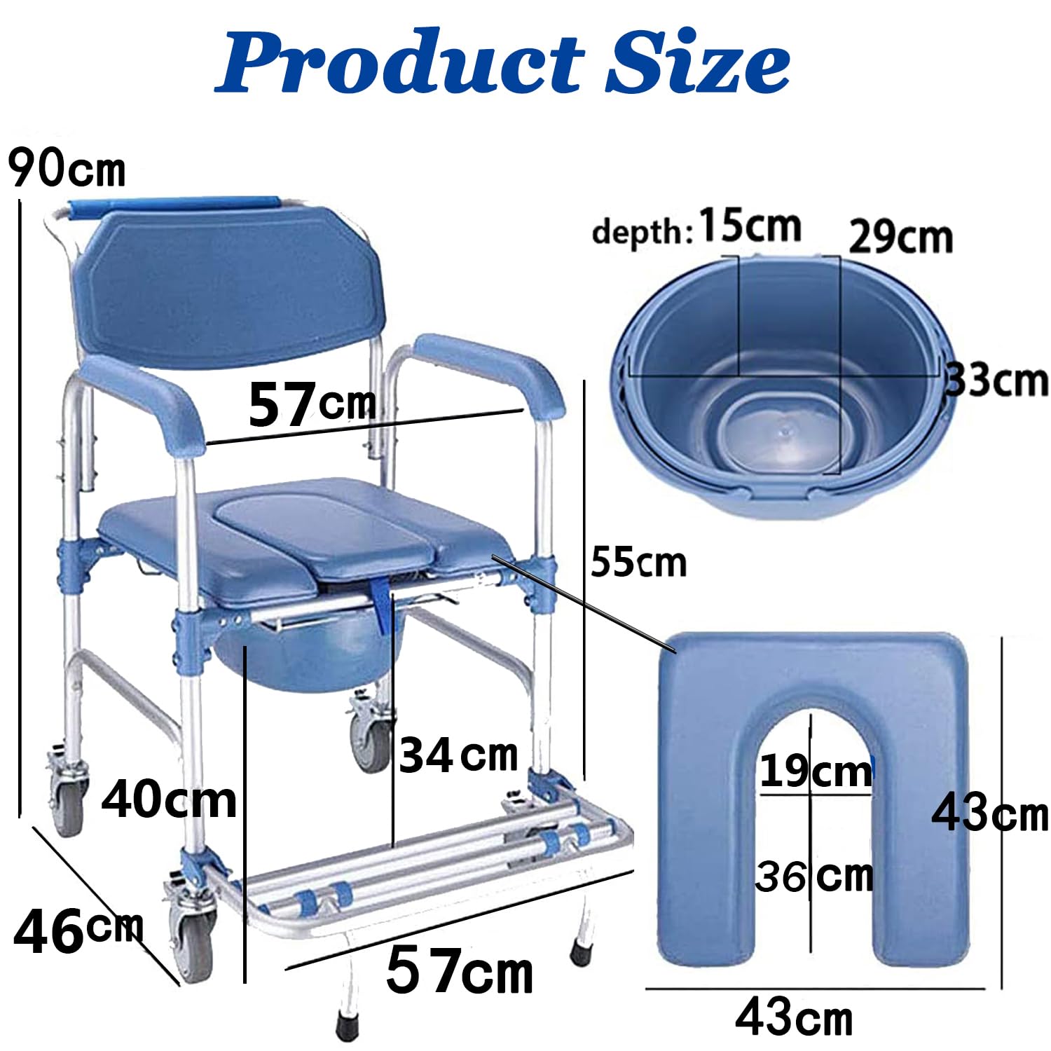Ybaymy Rolling Shower Commode Chair - 330lbs Weight Capacity Wheelchair with Locking Wheels & Padded Seat for Elderly & Disabled - Ideal for Bathroom Safety, Mobility Assistance & Home Care