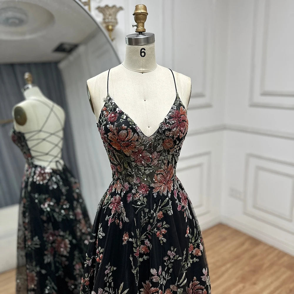 Luxury Dubai Black Beaded Spaghetti Strap A-Line Prom Dress for Formal Occasions - Perfect for Saudi Arabian Weddings, Evening Galas & Special Events LA72773