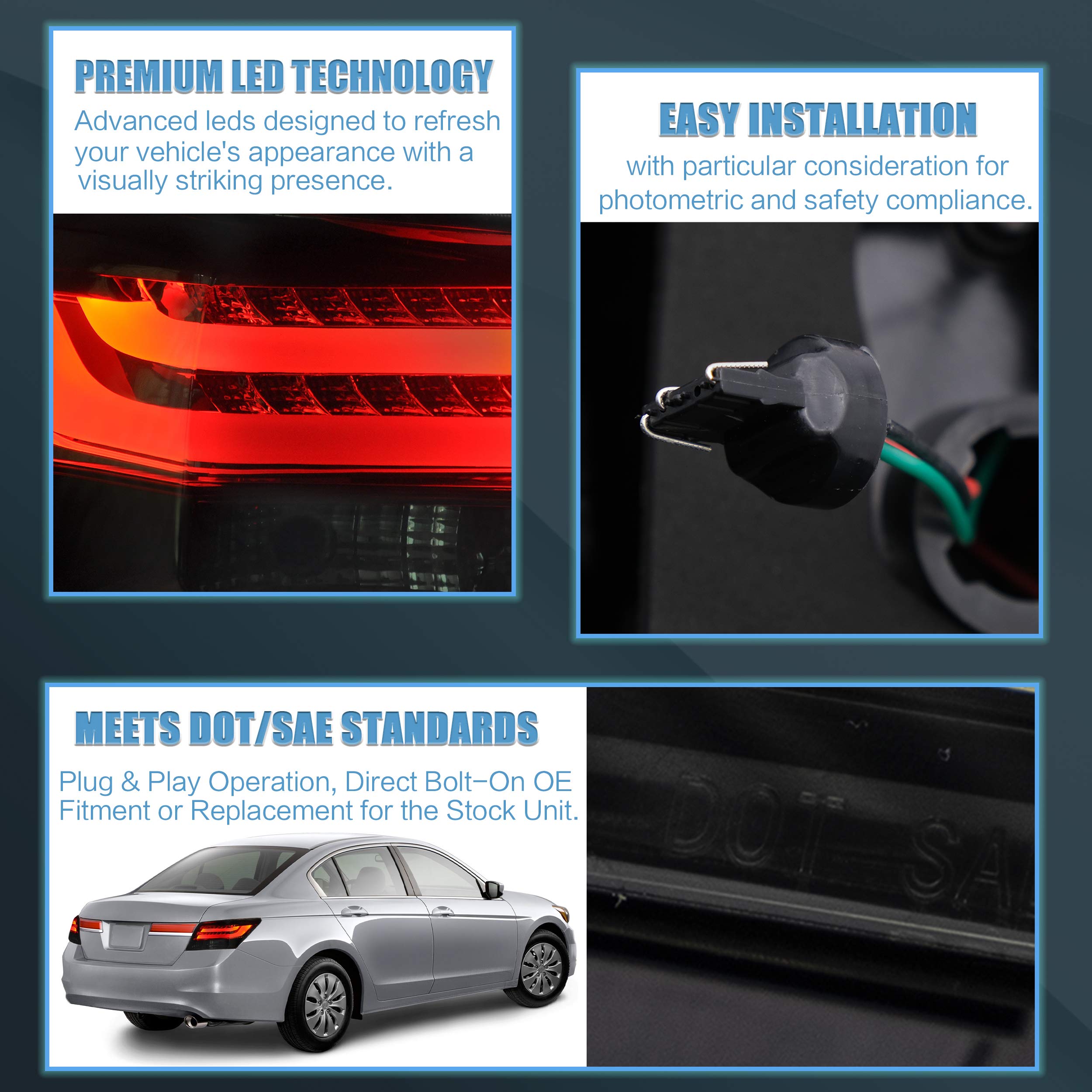 VLAND Smoked Tail Lights Assembly for 2008-2012 Honda Accord 8th Gen - Direct Fit Replacement, Enhanced Style & Visibility (Perfect for Night Driving & Car Customization)