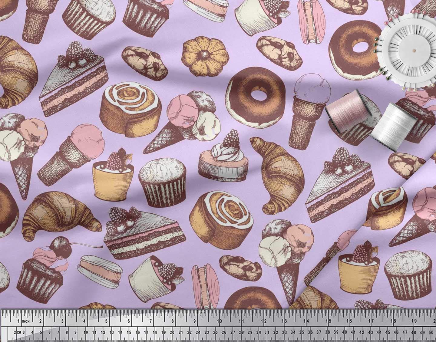 Soimoi 42 Inch Wide Purple Cotton Canvas Fabric by The Yard - Cupcake, Donut & Cookies Food Print for DIY Crafts, Sewing Projects & Home Decor - Whimsical Printed Fabric for Aprons, Tote Bags & Quilting