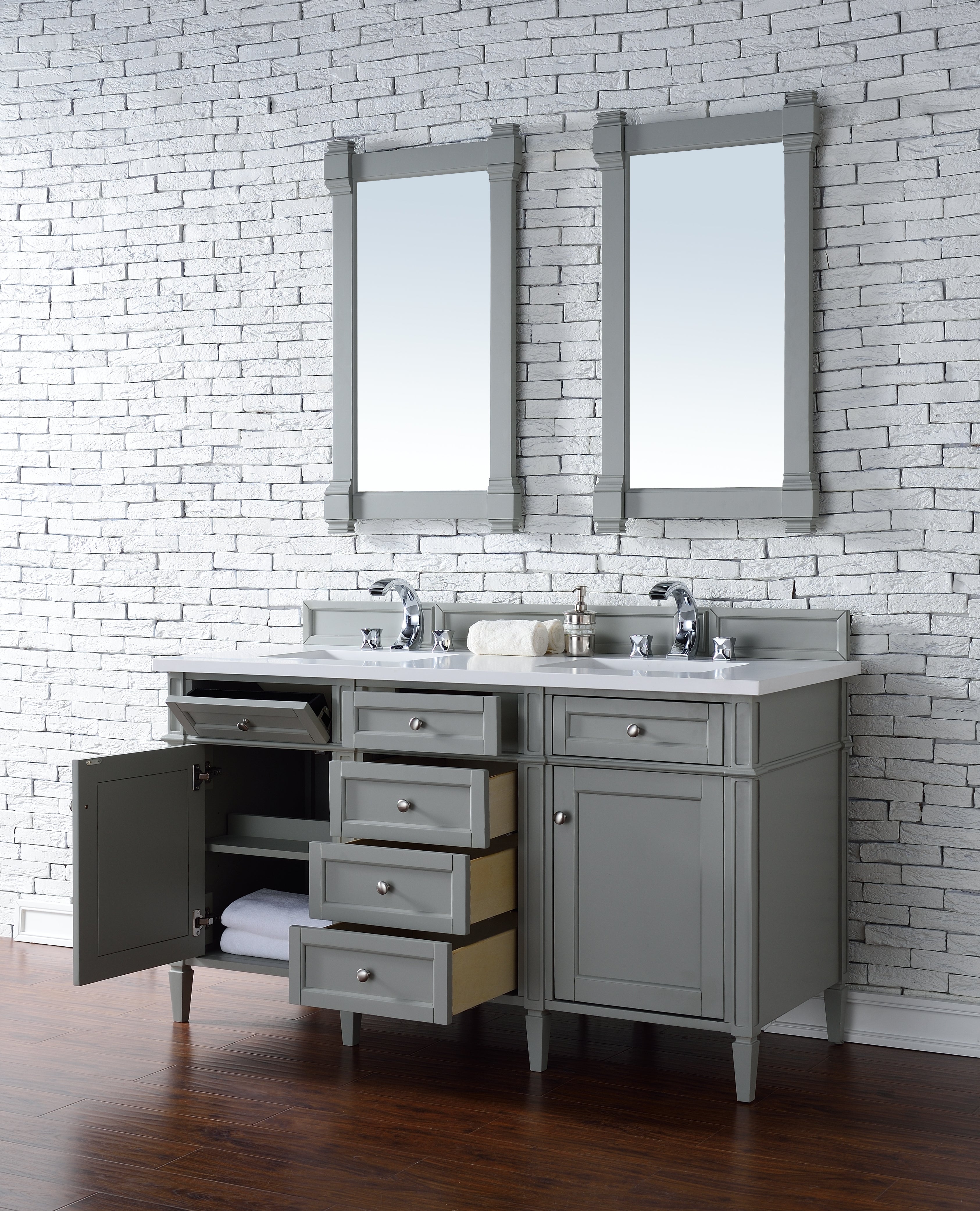 Brittany 60-Inch Urban Gray Double Bathroom Vanity with 3CM White Zeus Quartz Countertop - Perfect for Modern Master Bathrooms and Luxury Home Renovations