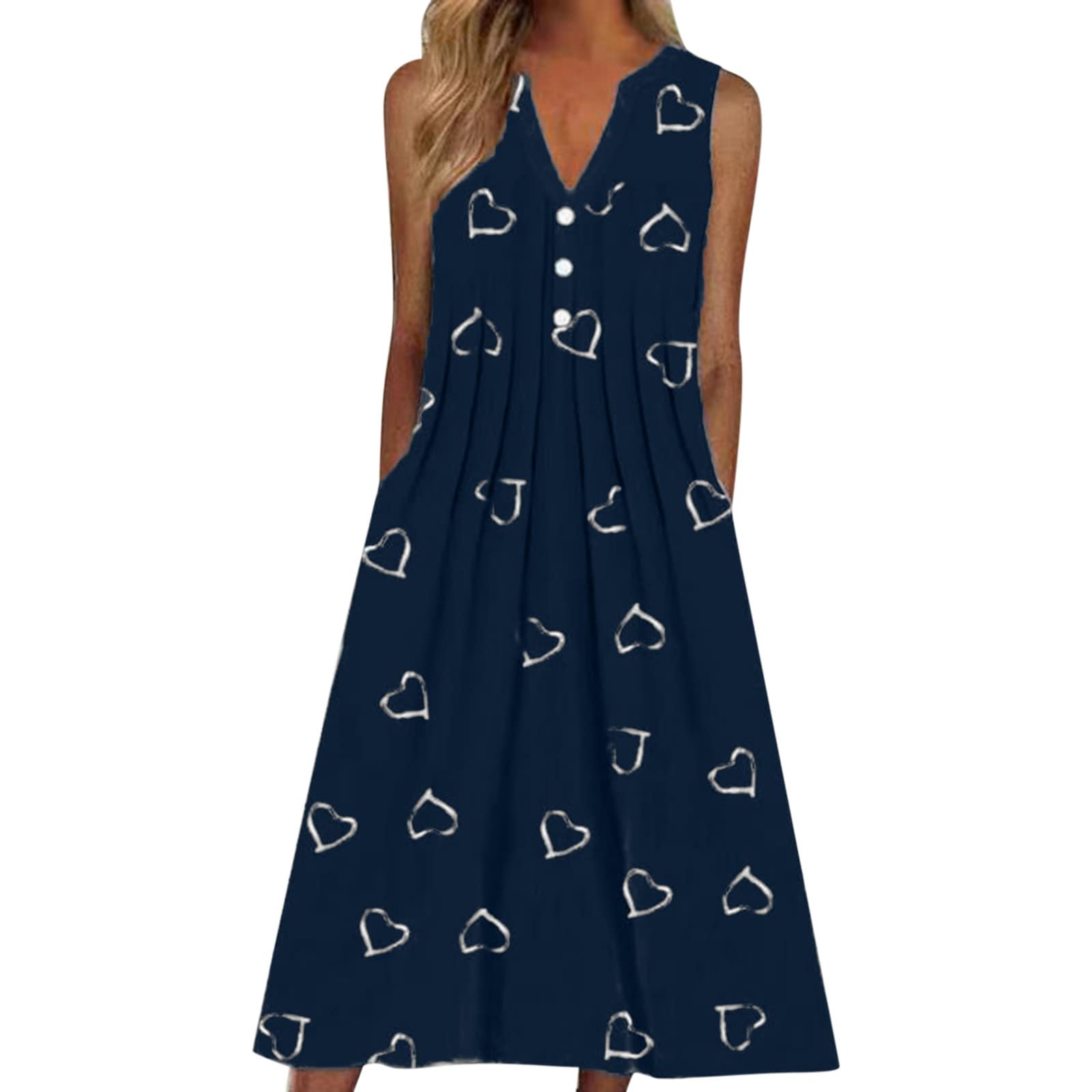 Women's Casual Summer Stripe Button-Down V-Neck Sleeveless Pocket Maxi Dress - Floral Beach Cover Up for Vacation, Holiday, Party & Outdoor Wear