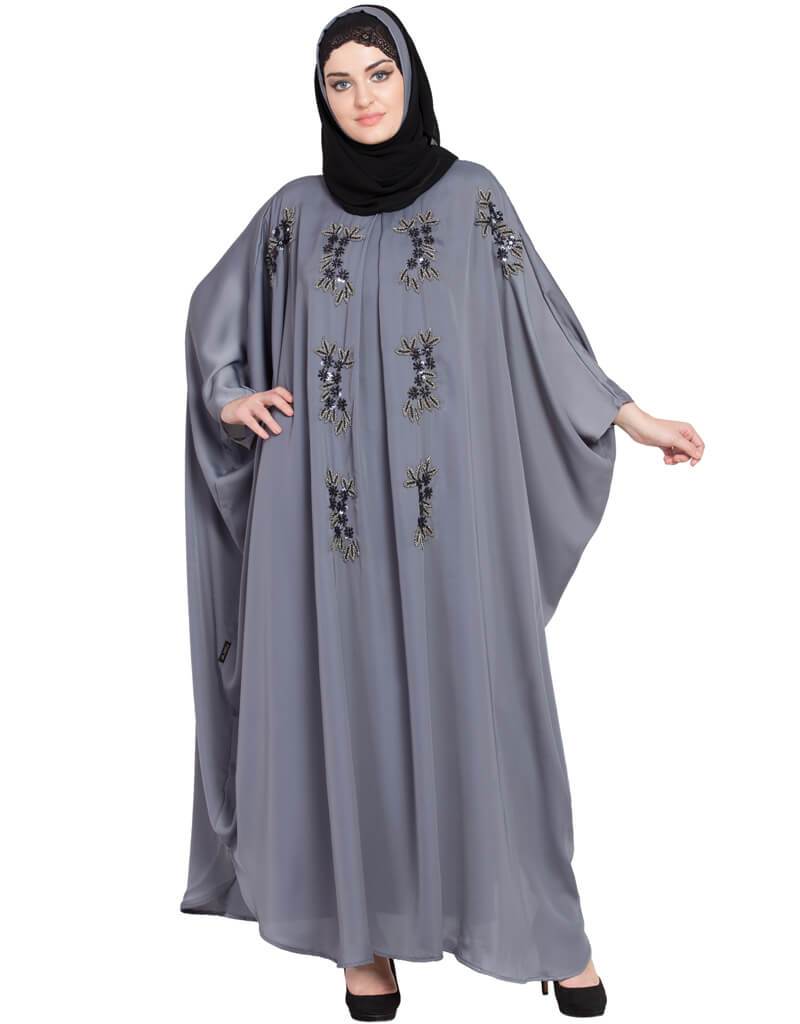 Elegant Arabic Thread Embroidered Nida Kaftan Dress - Grey | Traditional Islamic Abaya for Women | Perfect for Eid, Wedding & Special Occasions