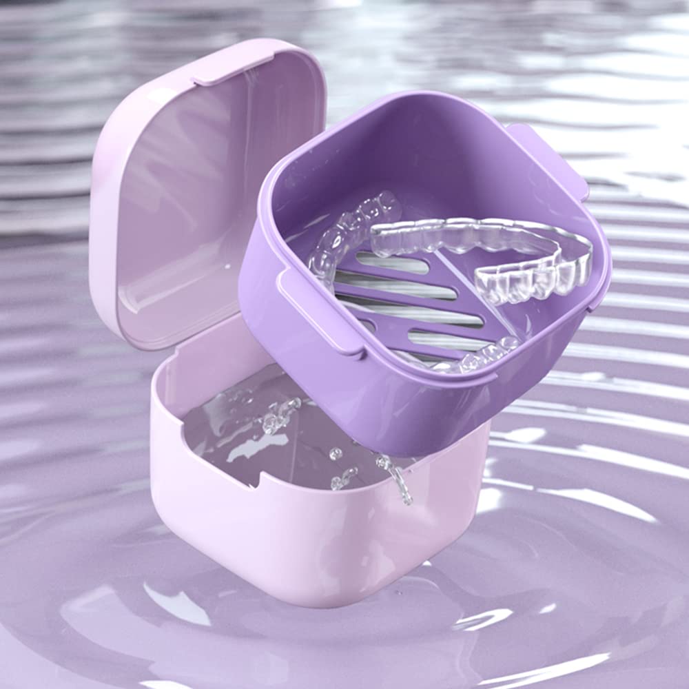 **Portable Denture Case with Strainer Basket - Denture Cup Bath for Braces, False Teeth Storage & Cleaning - Includes Chewable Tablets & Extractor (Purple) - Perfect for Travel & Daily Denture Care**