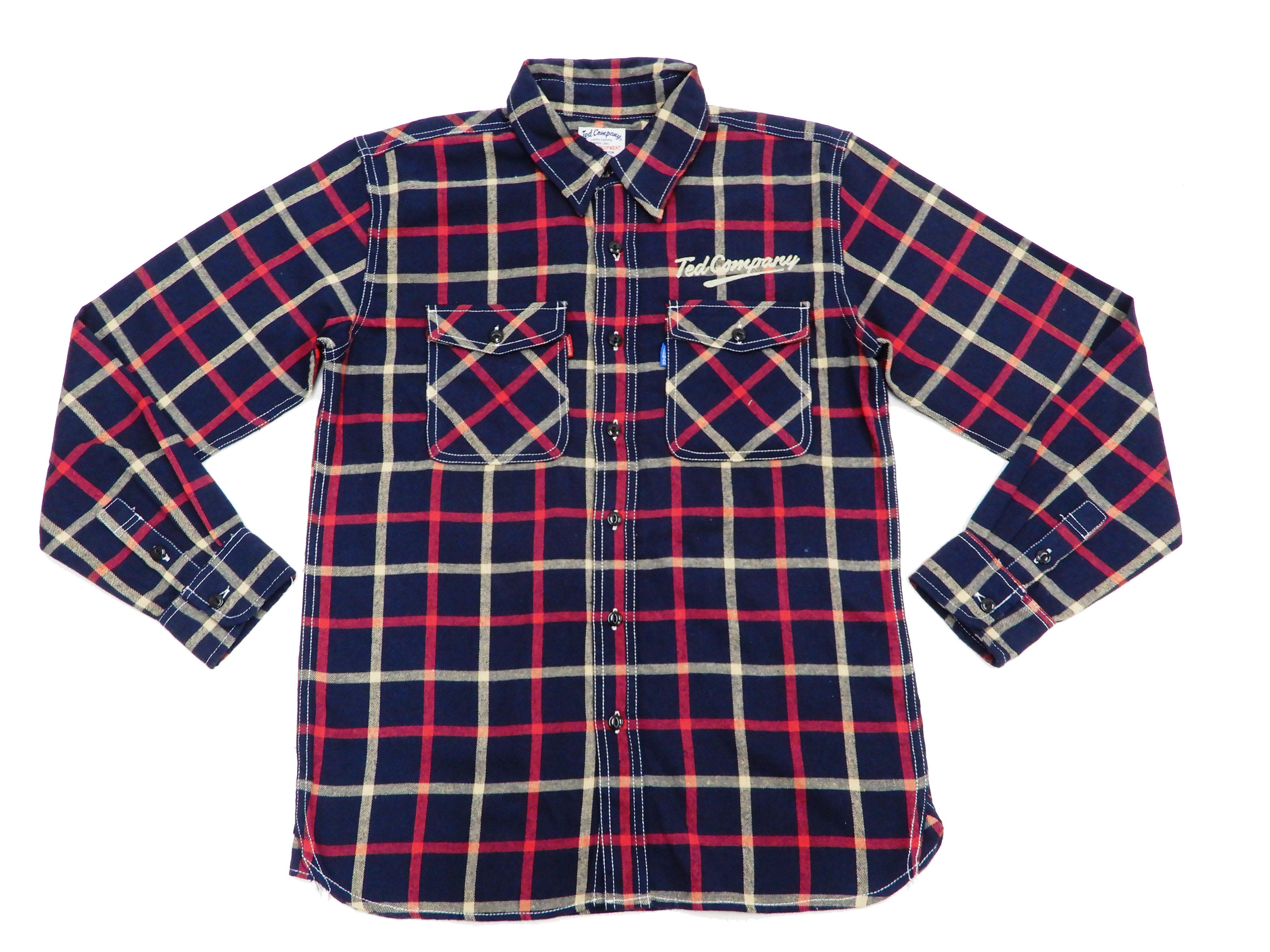 Tedman Men's Custom Embroidered Plaid Flannel Shirt - Long Sleeve Button Down Casual Shirt in Navy/Red Checkered Pattern - Perfect for Outdoor Activities, Camping and Fall Fashion (TNS 700)