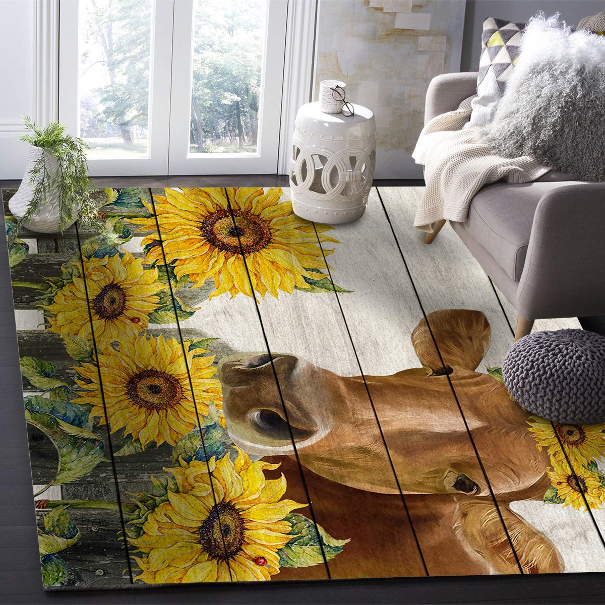 **5'x8' Yellow Sunflower Cow Area Runner Rug - Washable Indoor/Outdoor Carpet for Kitchen, Living Room, Bathroom, Bedroom & Classroom - Retro Farmhouse Wooden Doormat, Desk & Welcome Mat - Perfect for Home Decor, Entryway & Laundry Room**