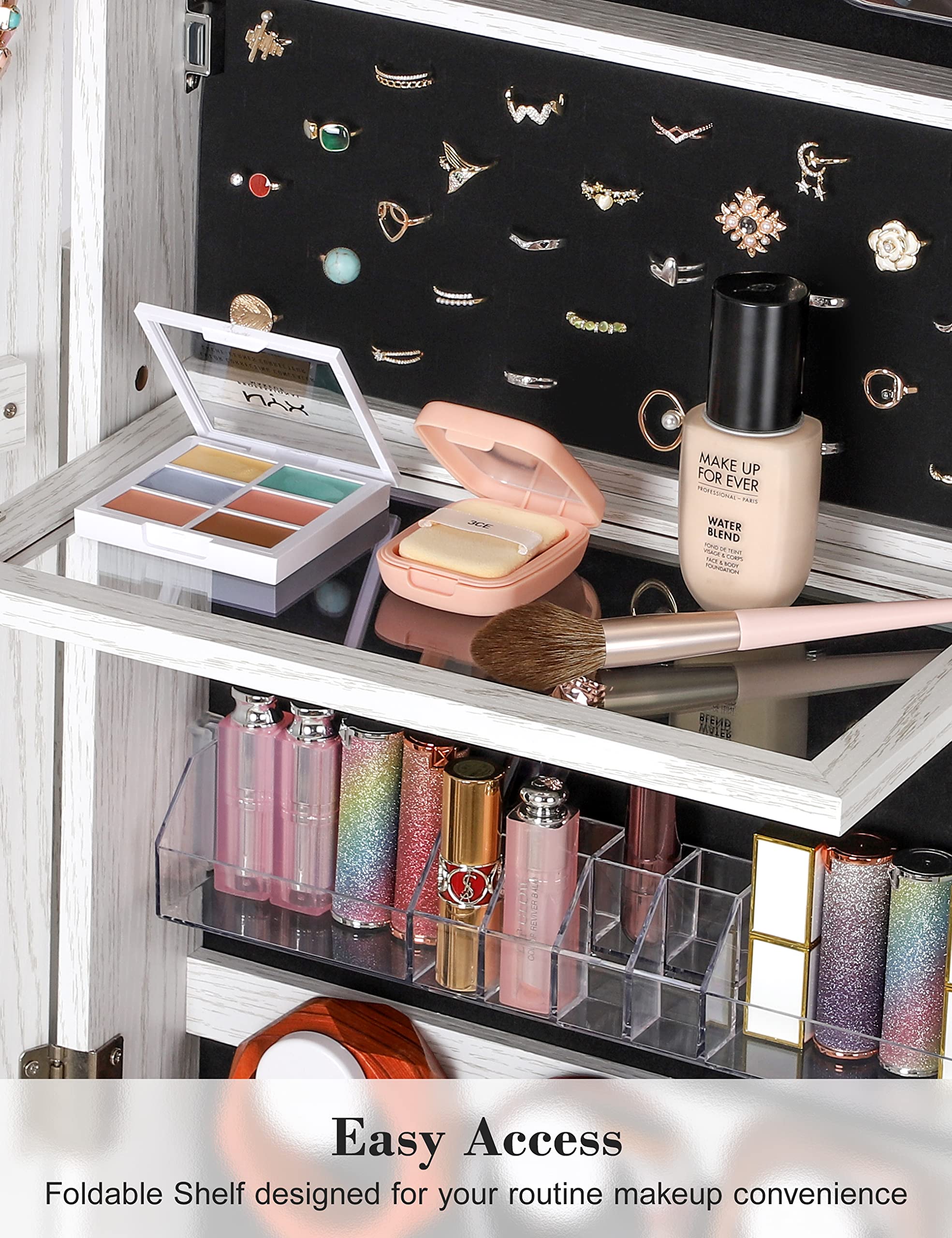 360° Swivel Jewelry Cabinet with LED Lights & Touch Screen Mirror - Rotating Full Length Vanity Mirror with Jewelry Storage Organizer, White Foldable Makeup Stand | Perfect for Bedroom, Dressing Room & Closet Organization