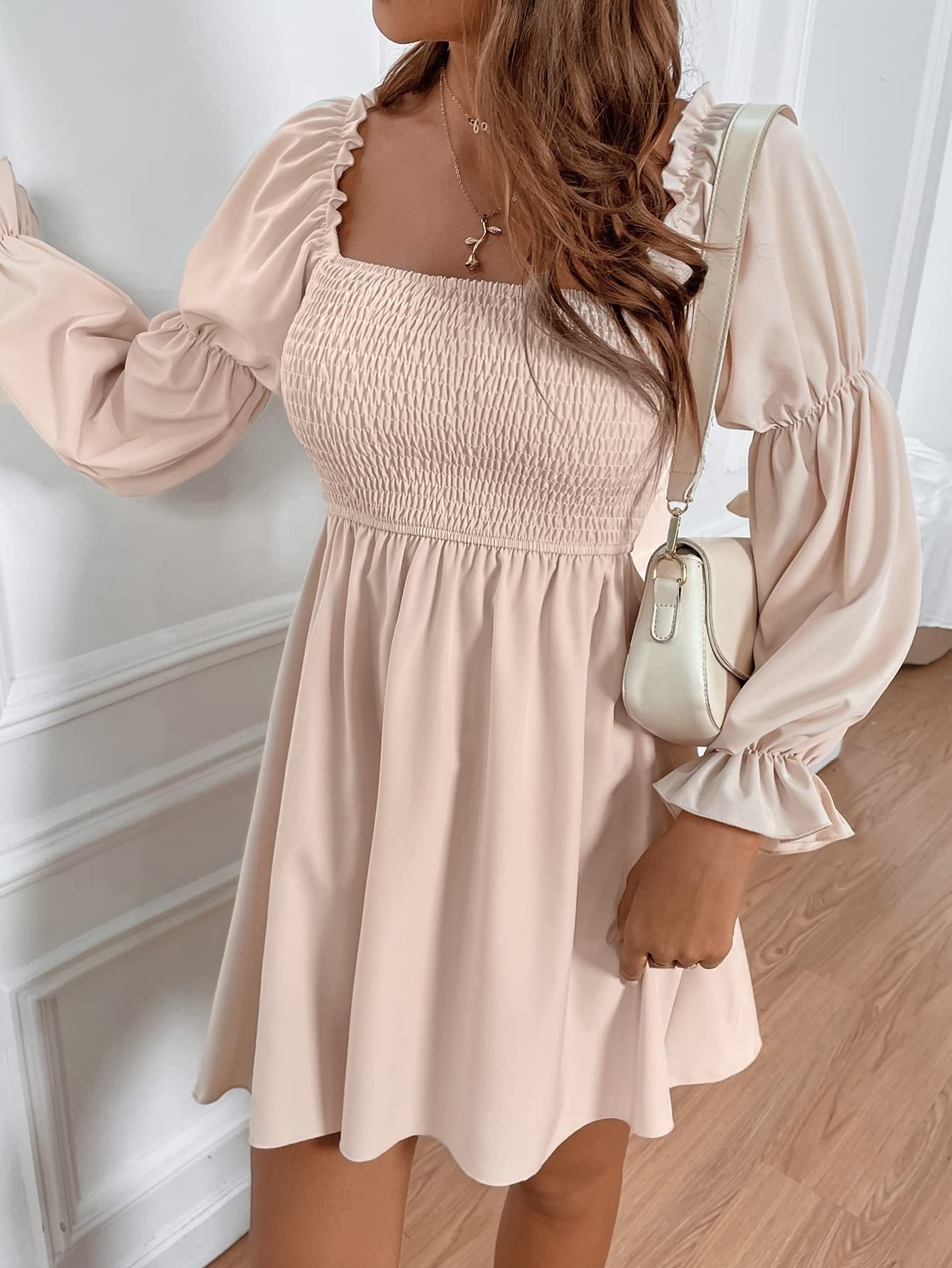 MQQYLBHDS Women's Floral Print Mini Dress with Long Sleeves & Shirred Waist - Spring Summer Casual Dress (Apricot, Size L) for Beach Vacation, Date Night & Outdoor Party