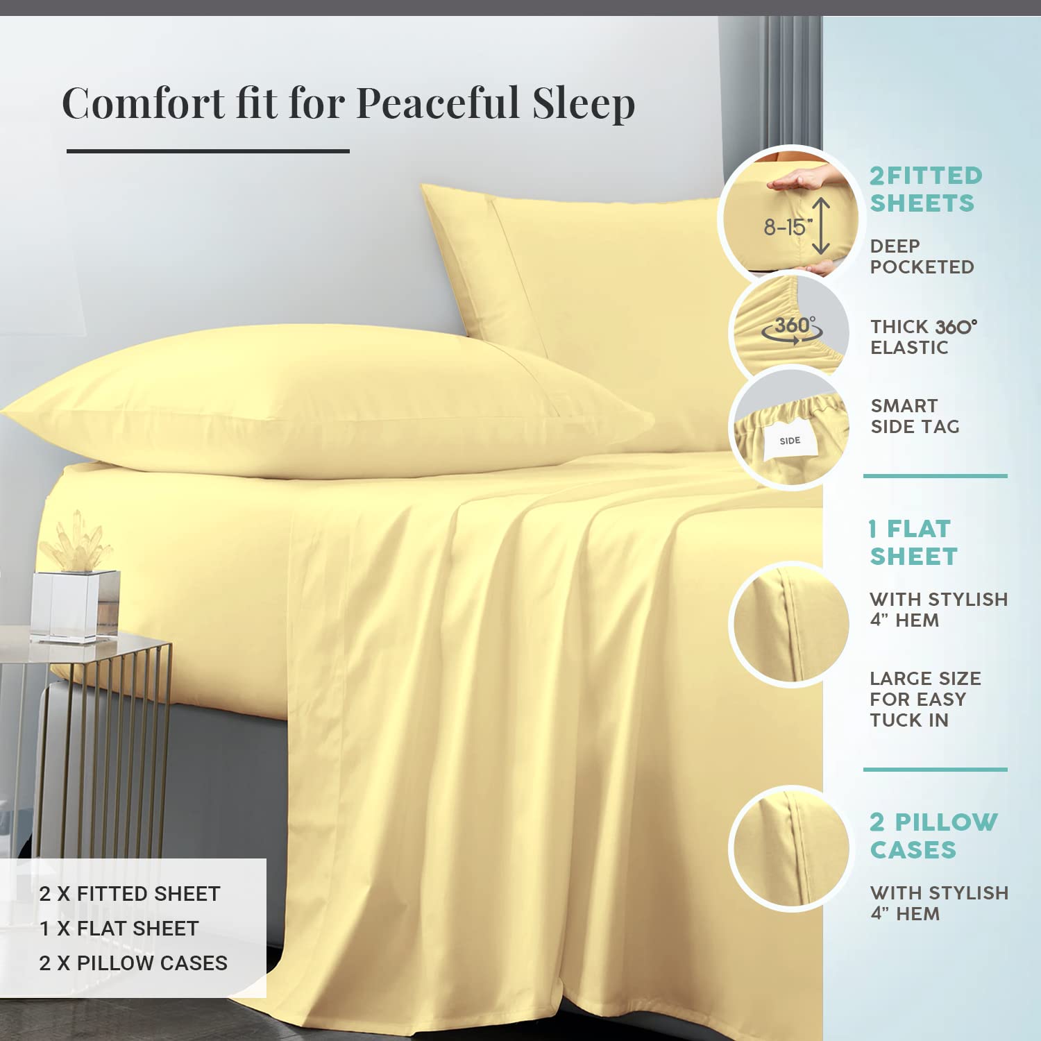 Pizuna Pure 100% Cotton Split King Sheets - 600 Thread Count Long Staple Sateen Weave with 15