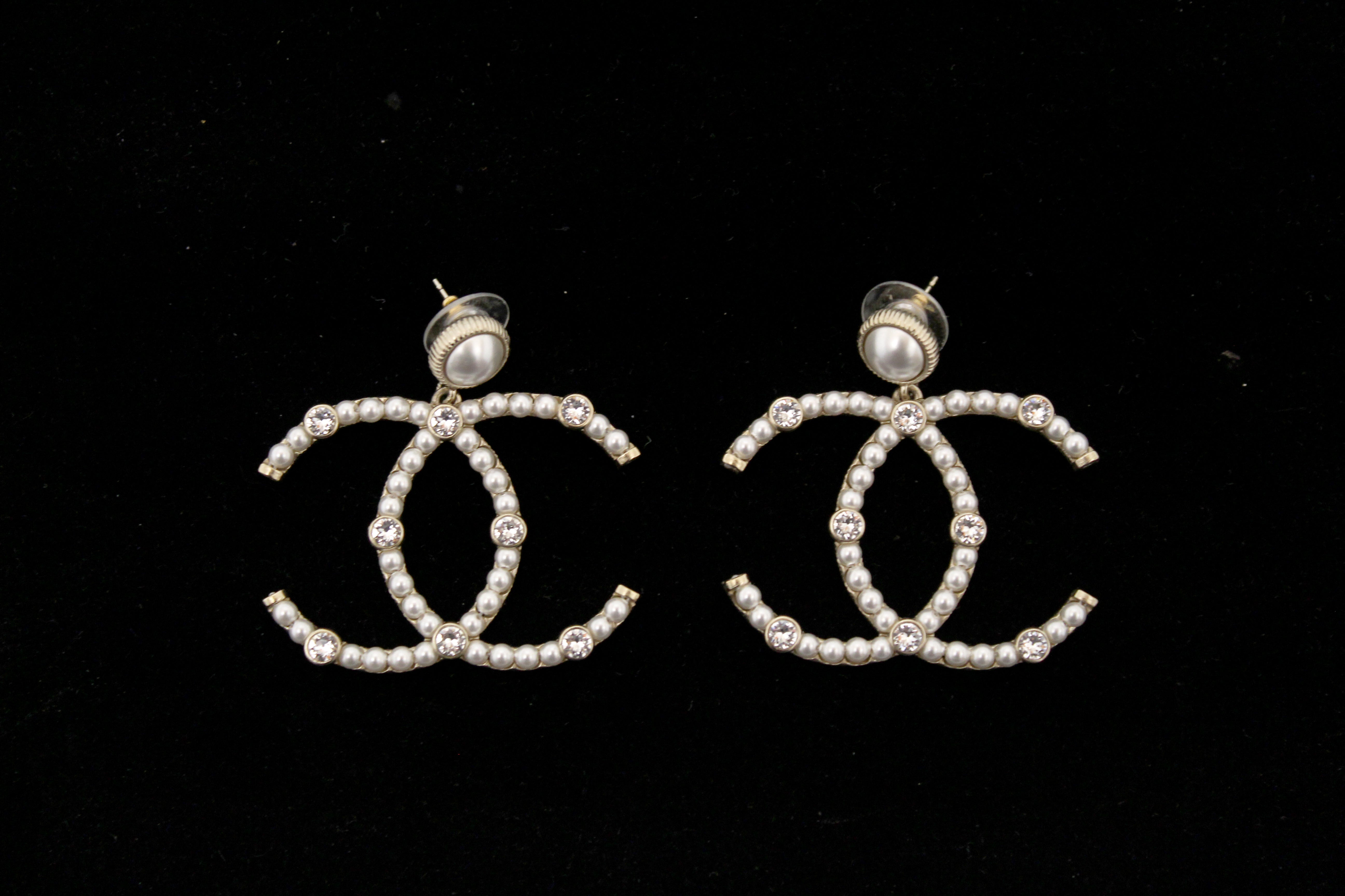 Authentic Chanel Classic CC Light Gold Tone Pearl and Crystal Earrings - Luxury Fashion Jewelry for Women, Perfect for Parties, Weddings & Special Occasions