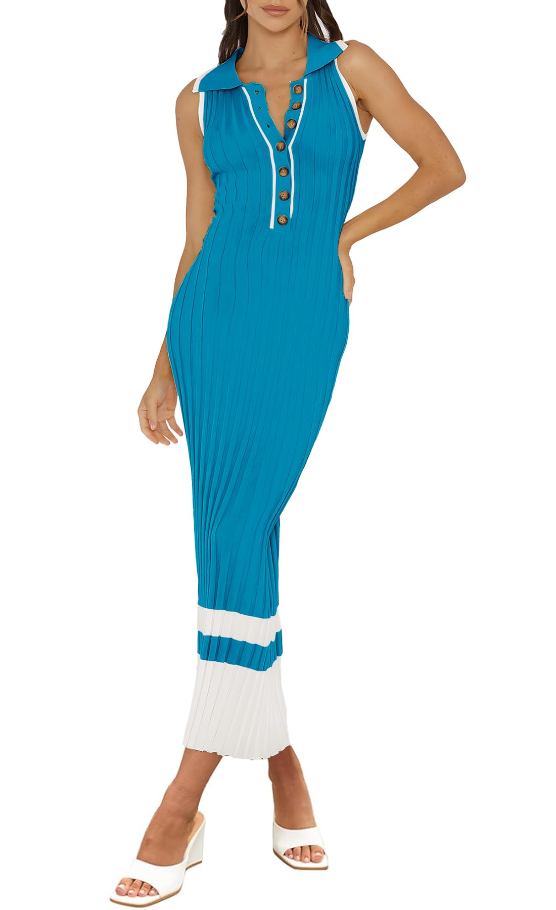 MITILLY Women's Summer Polo V-Neck Sleeveless Maxi Dress 2025 - Button Down Bodycon Ribbed Knit Long Dress for Beach, Vacation & Casual Outings