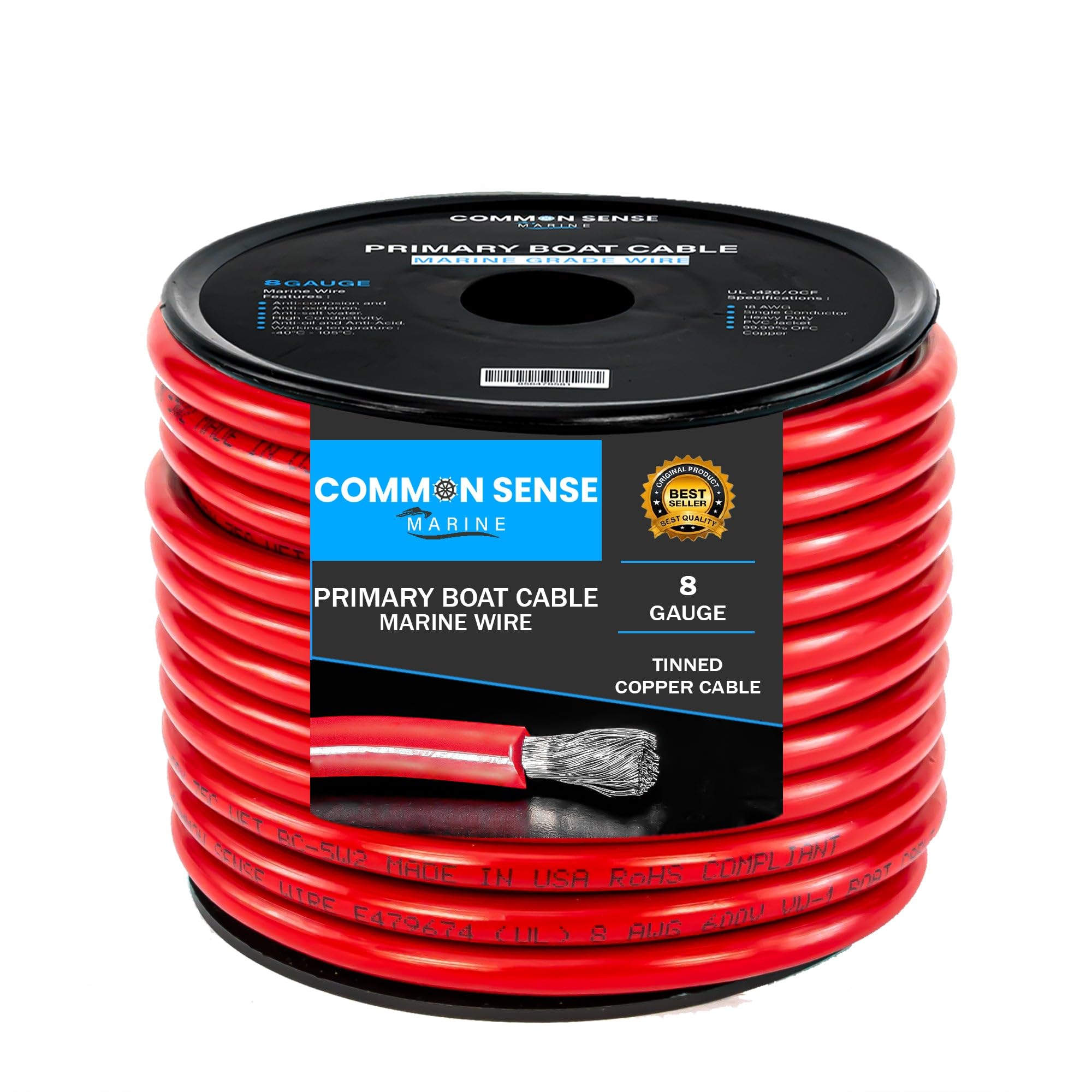 8 Gauge Marine Grade Boat Cable - 100 ft Tinned Oxygen-Free Copper Wire (8 AWG) | UL 1426 PVC Wire for Boats, Trailers, RVs & Automotive Use | Perfect for Marine Electrical Systems, Audio Installations & Off-Grid Power Applications