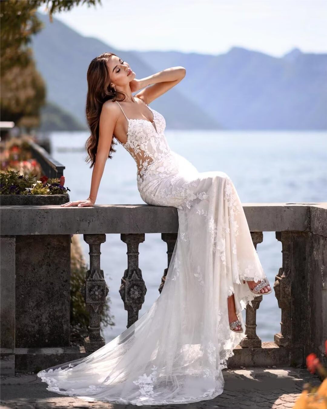 2024 Mermaid Wedding Dress for Bride - Long Applique Tulle V-Neck Bridal Gown | Perfect for Beach, Church & Formal Wedding Ceremonies