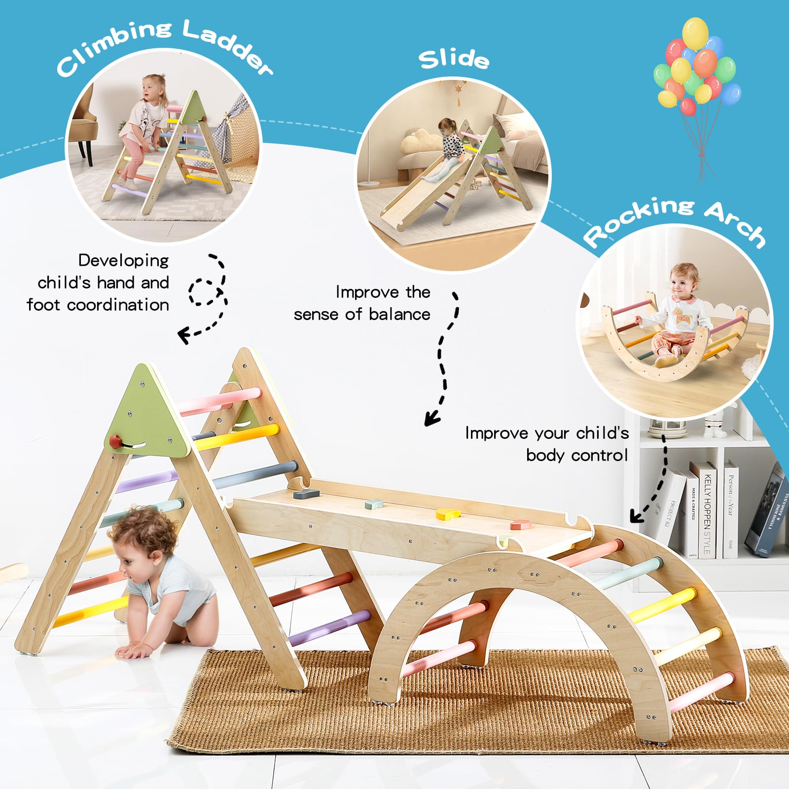 Pikler Triangle Set 7-in-1 Wooden Climbing Toys for Toddlers 1-3 Years | Foldable Montessori Baby Gym with Arch, Ramp & Ladder | Indoor Jungle Climber for Kids' Physical Development & Playroom Activities