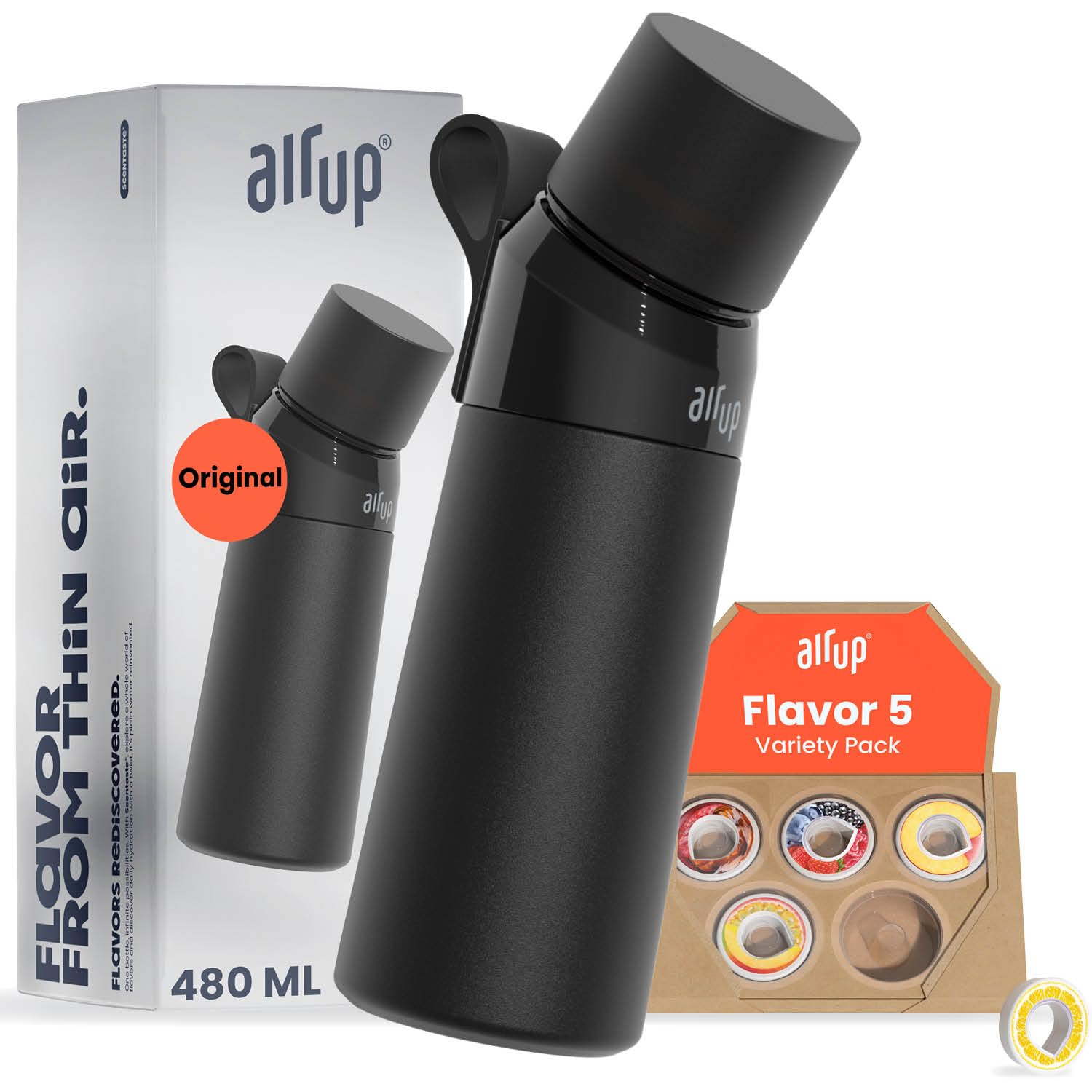 Air Up® 16oz Stainless Steel Black Water Bottle with Straw + 5 Flavor Pods (Sugar-Free) | Hydration Bottle for Gym, Hiking & Office | BPA-Free Flavored Water Bottle
