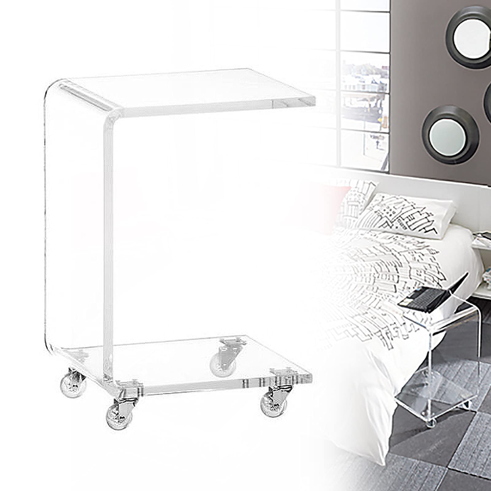 Clear Acrylic C-Shaped Rolling Side Table with Wheels - Portable End Table for Snacks, Coffee, Notebook & Tablet - Perfect for Bed, Sofa & Living Room Use
